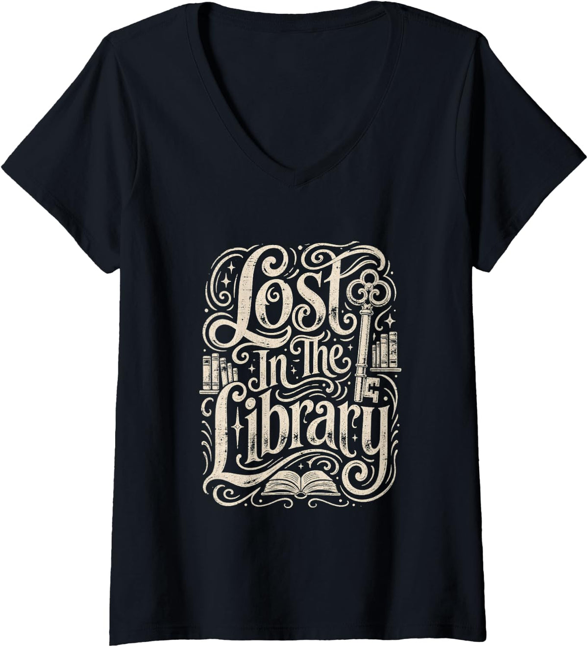 Women's Lost Library Book Lover Librarian Reader Bibliophile V-Neck T-Shirt - Black