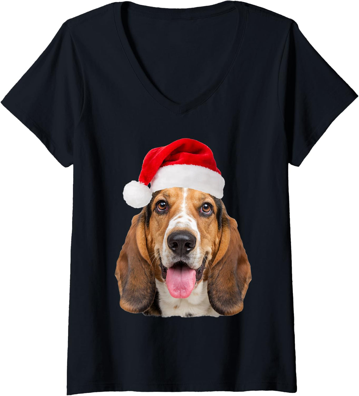 Women's Basset Hound Santa Hat Christmas Portrait Fur Mom and Dad V-Neck T-Shirt - Black
