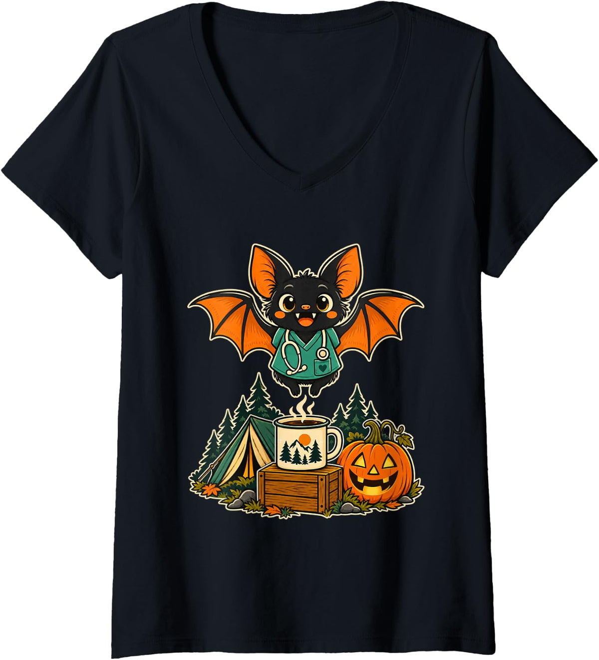 Women's Cute Nurse Bat with Coffee Halloween Pumpkin for Camp Lovers V-Neck T-Shirt - Black