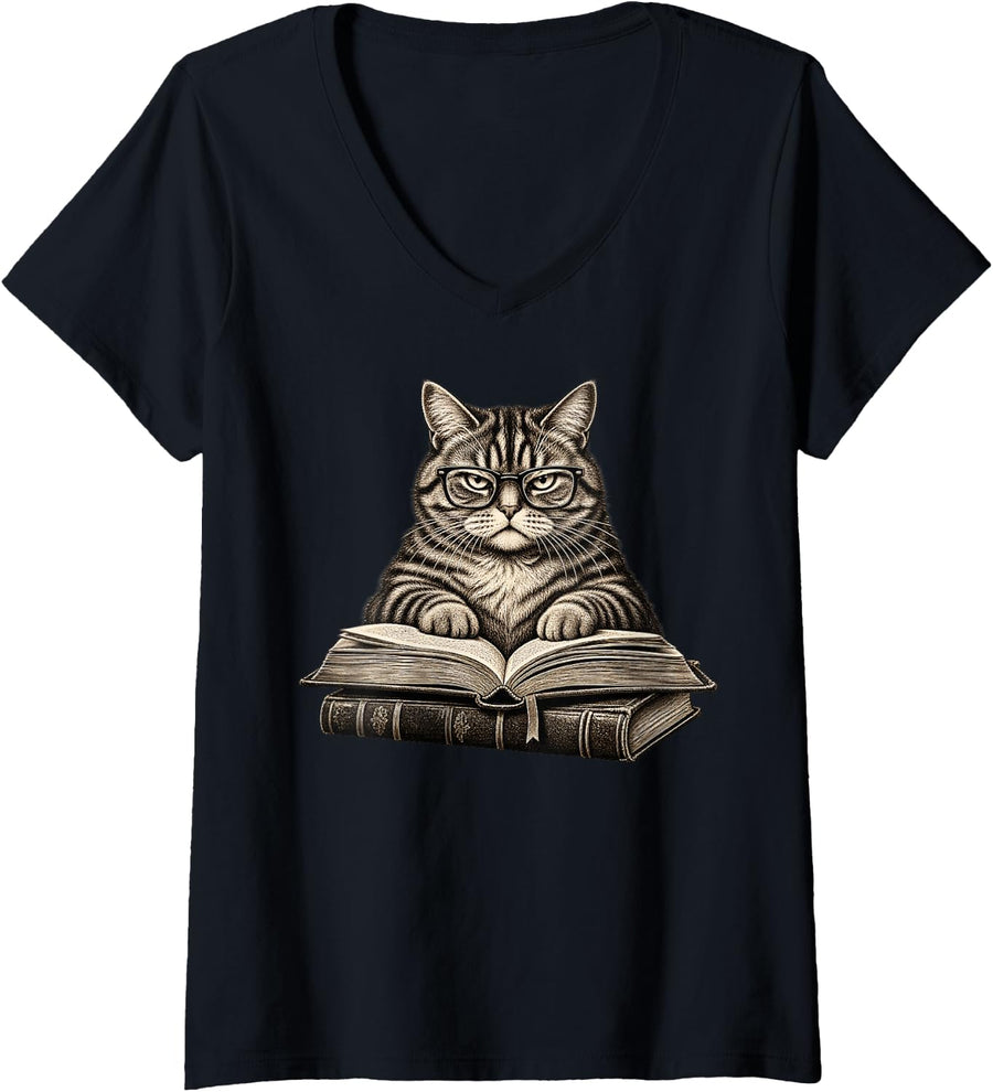 Women's Funny Librarian Cat Reader Designs V-Neck T-Shirt - Black