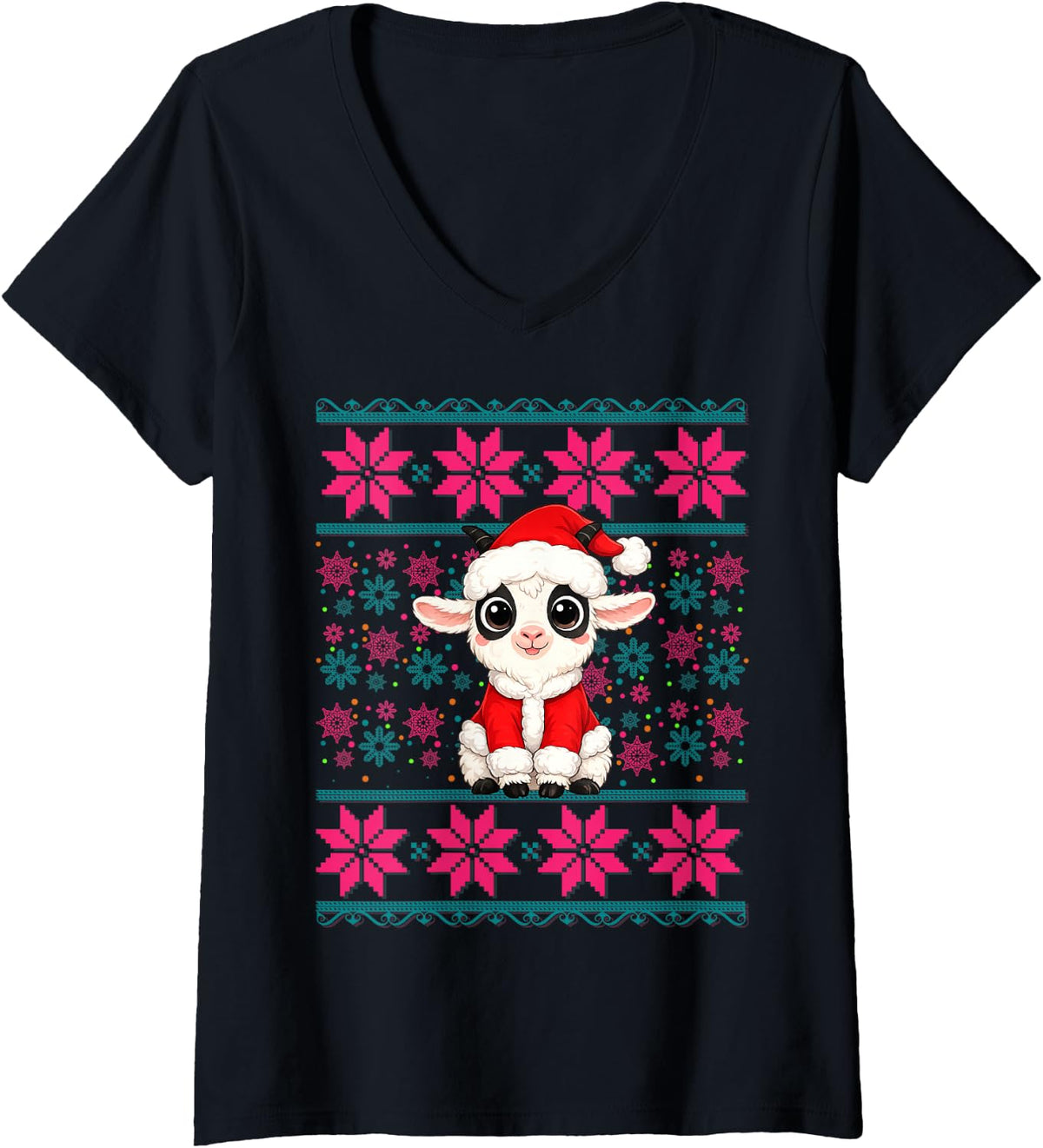 Women's Cute Goat Wearing Santa Hat Ugly Christmas Pajama Girls V-Neck T-Shirt - Black