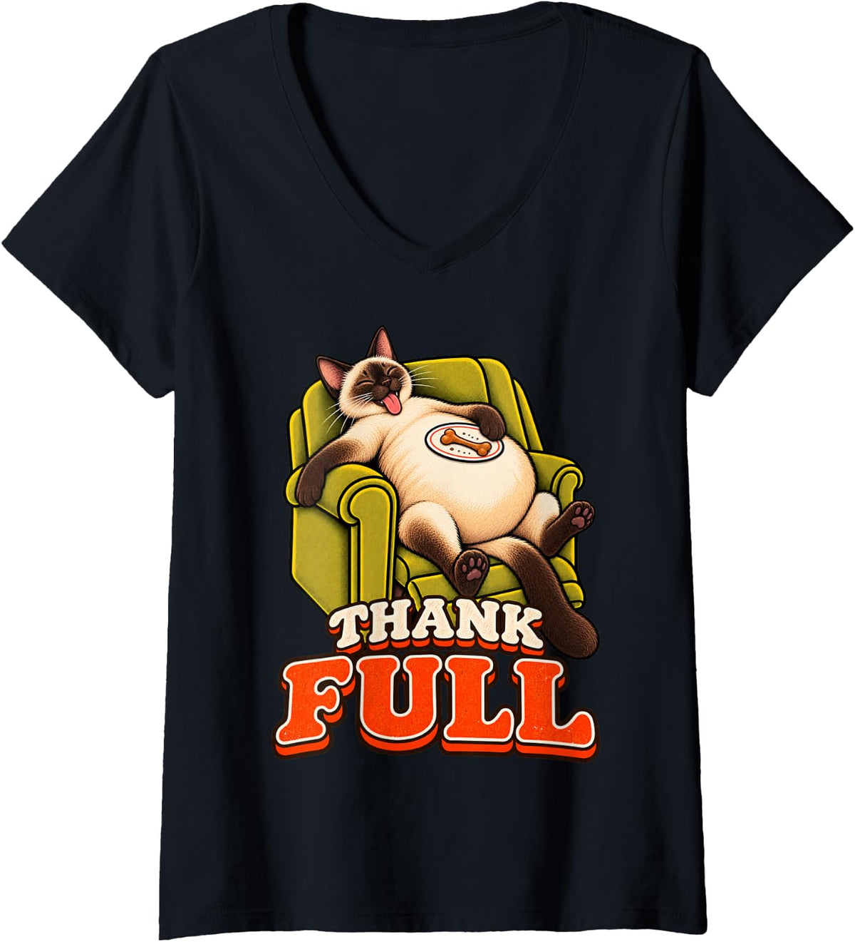 Women's Siamese Cat Funny Turkey Day Retro Vintage Overeat Sleep Nap V-Neck T-Shirt - Black