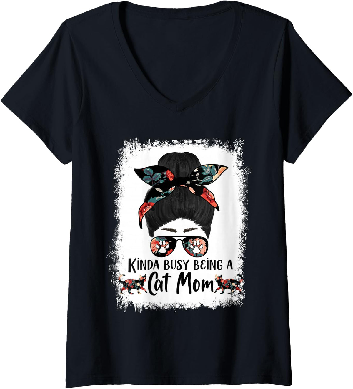 Women's Kinda Busy Being A Cat Mom Bengal Funny Messy Bun V-Neck T-Shirt - Black