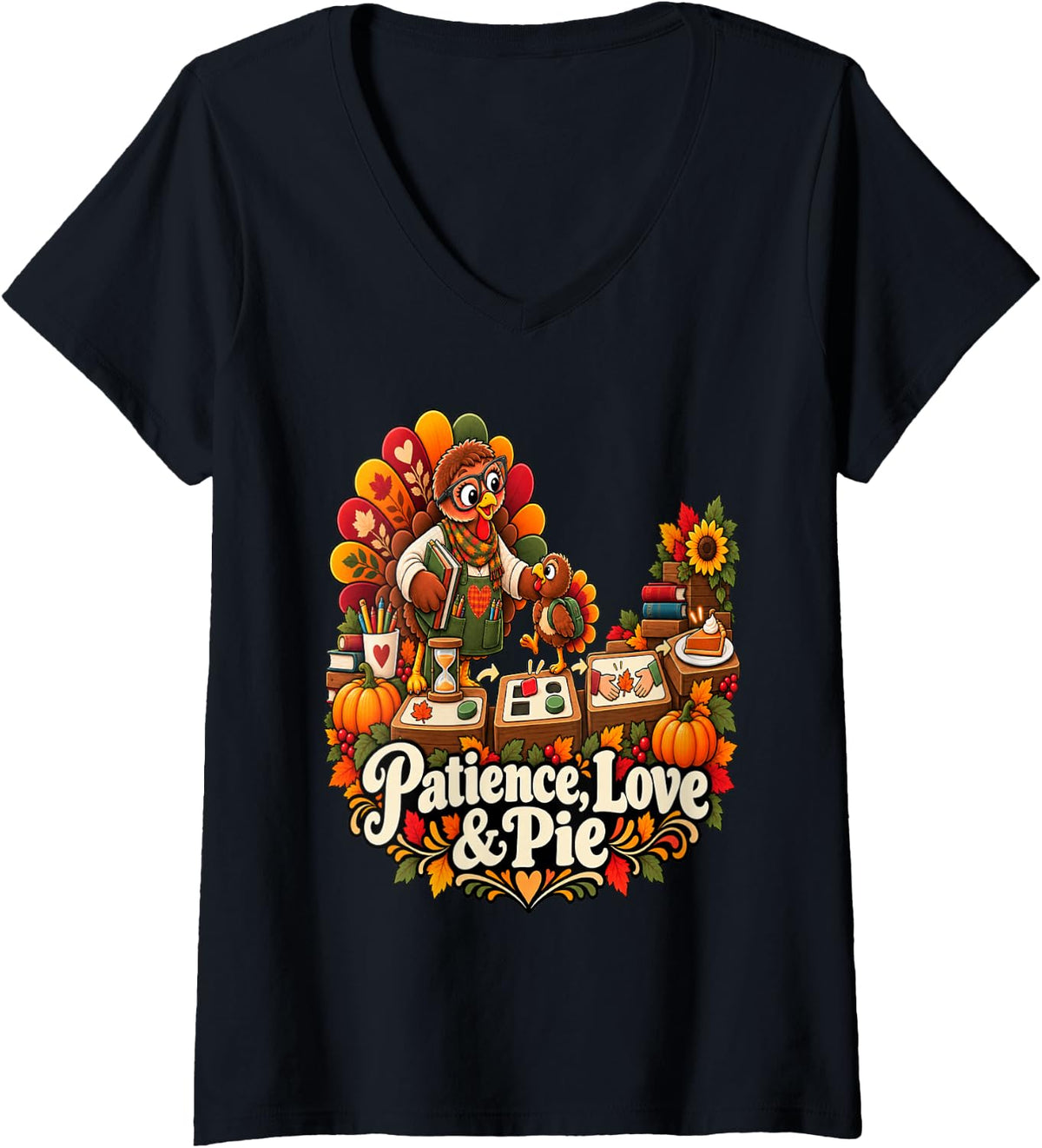 Women's Patience Love and Pie Special Education Teacher Thanksgiving V-Neck T-Shirt - Black