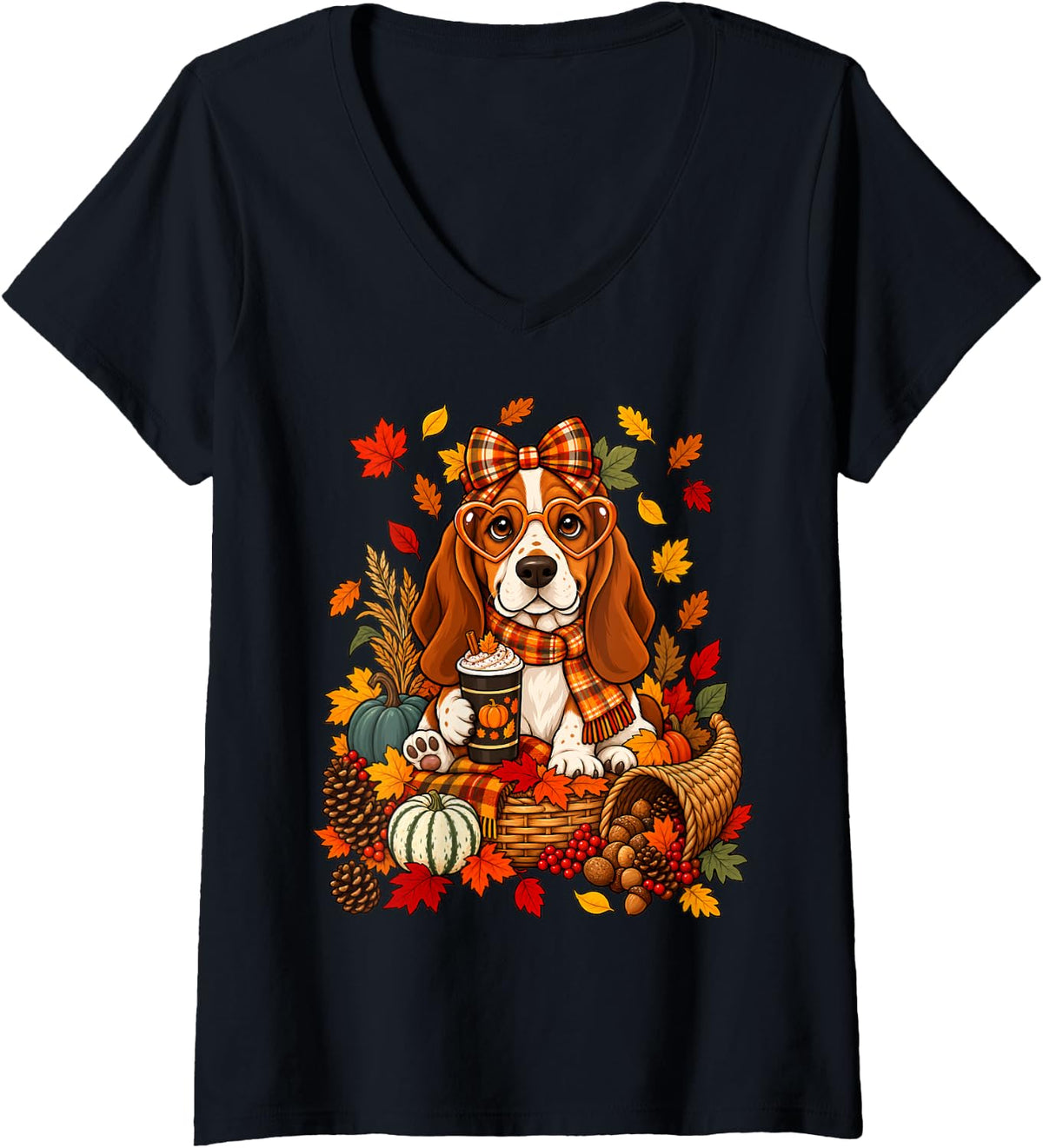 Women's Coquette Bow Basset Hound Dog Pumpkin Spice Thanksgiving V-Neck T-Shirt - Black
