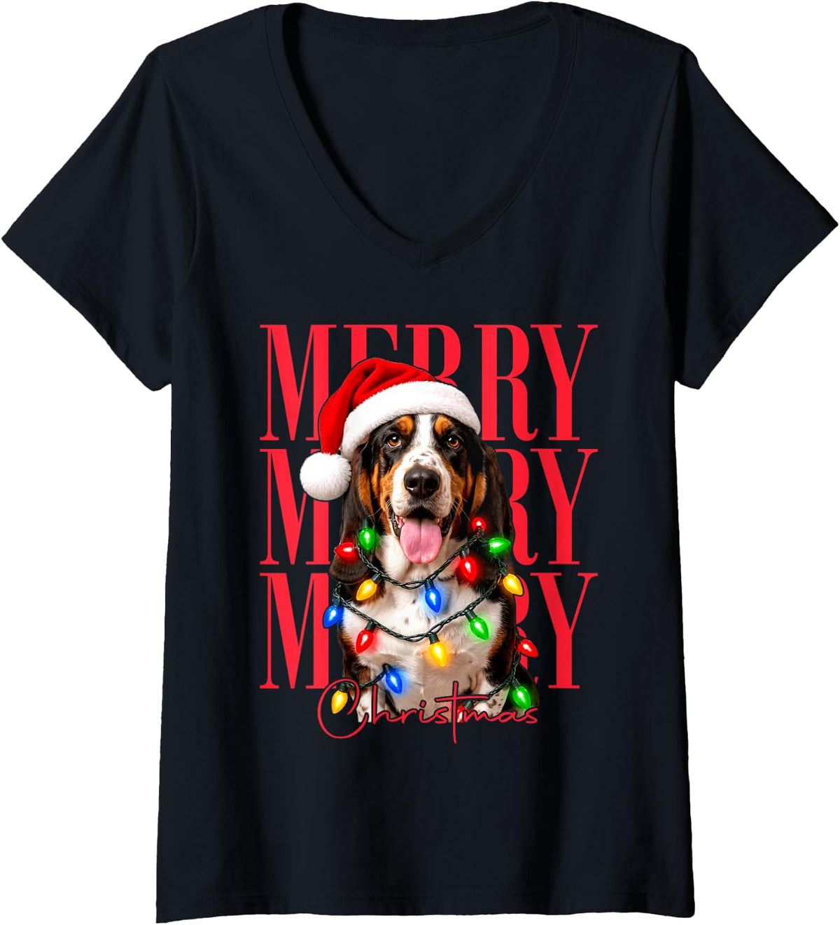 Women's Merry Christmas Basset Hound Santa Xmas Tree Light Dog Lover V-Neck T-Shirt - Black