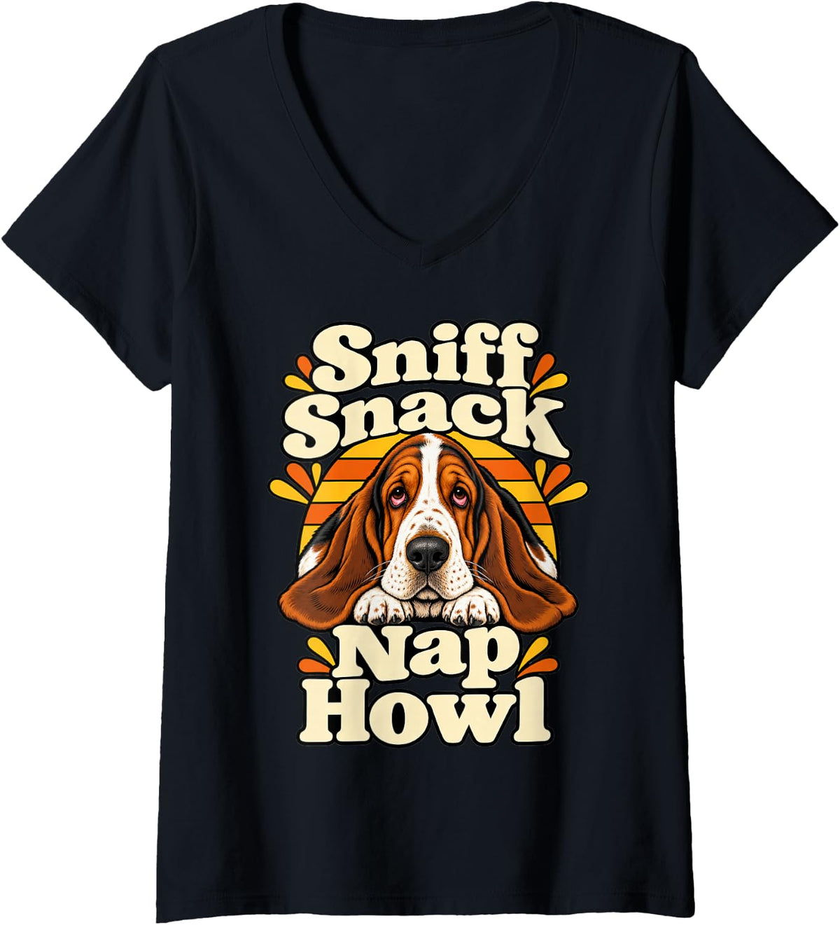 Women's Basset Hound Sniff Snack Nap Howl Owner Funny Pet Dog Lover V-Neck T-Shirt - Black