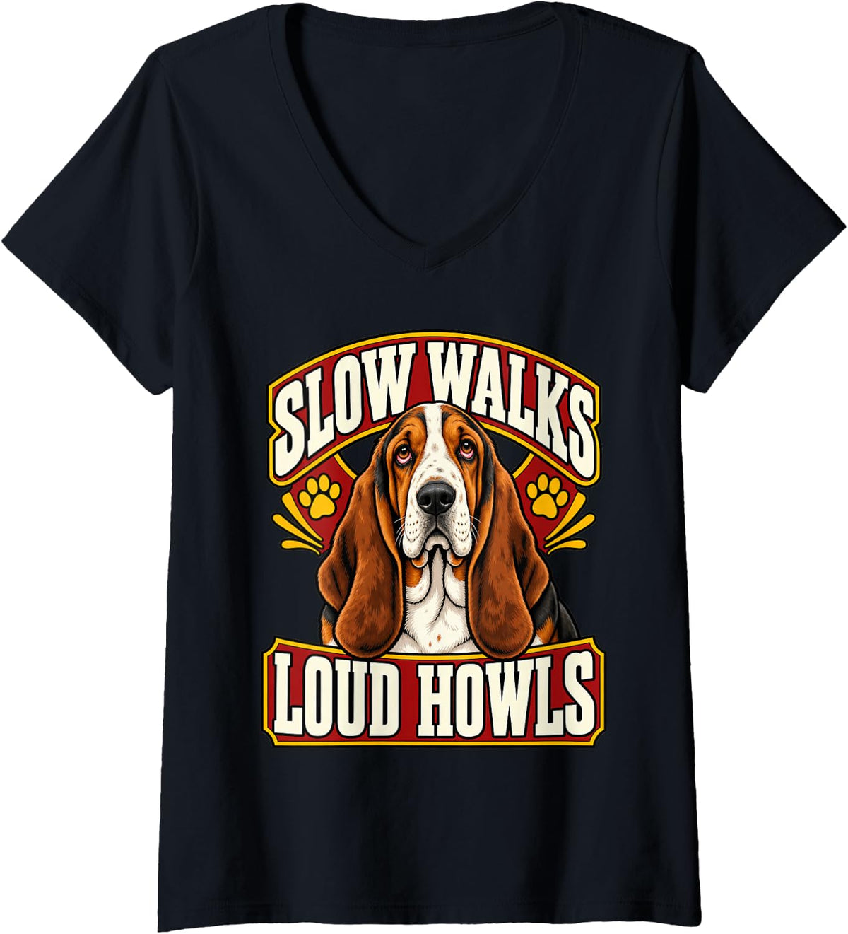 Women's Basset Hound Slow Walks Loud Howls Dog Lover Funny Pet V-Neck T-Shirt - Black