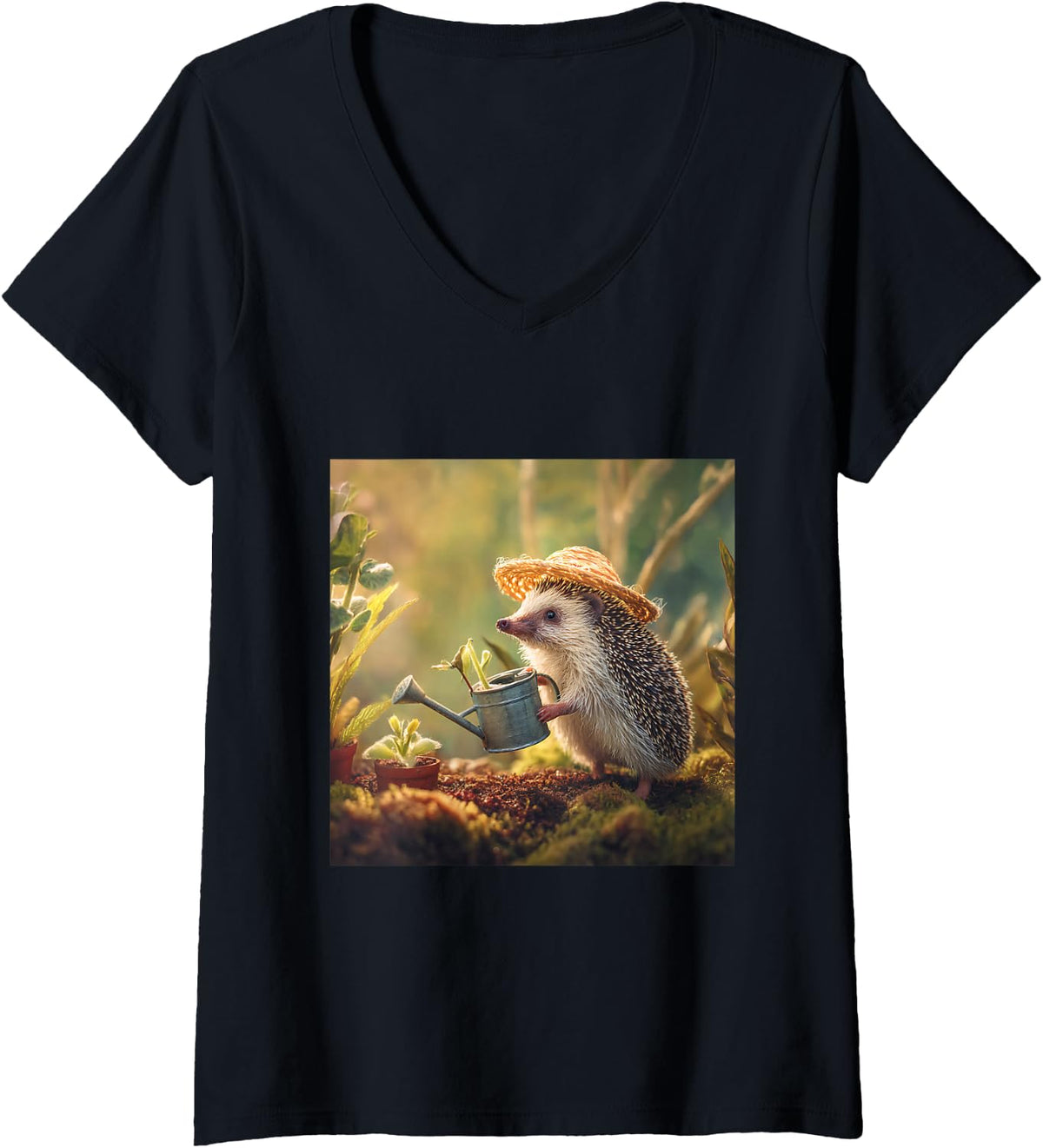 Women's Hedgehog Gardener Watering Plants Cute Animal V-Neck T-Shirt - Black
