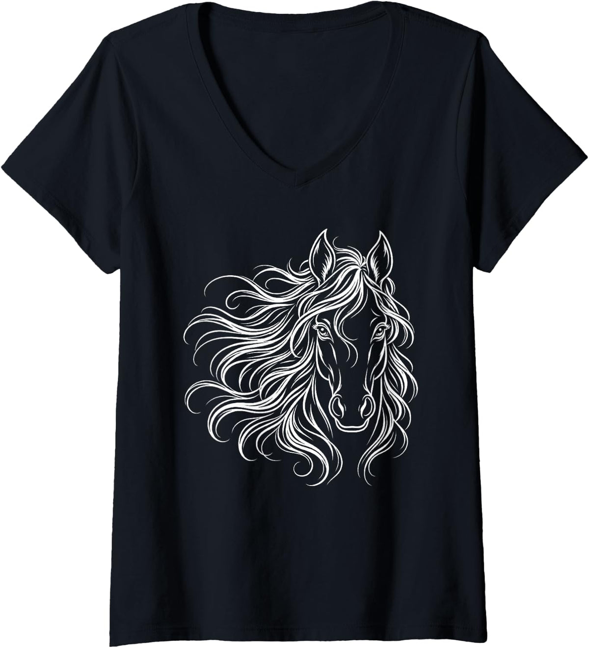 Women's Horse Lover Line Art Equestrian Minimalist V-Neck T-Shirt - Black