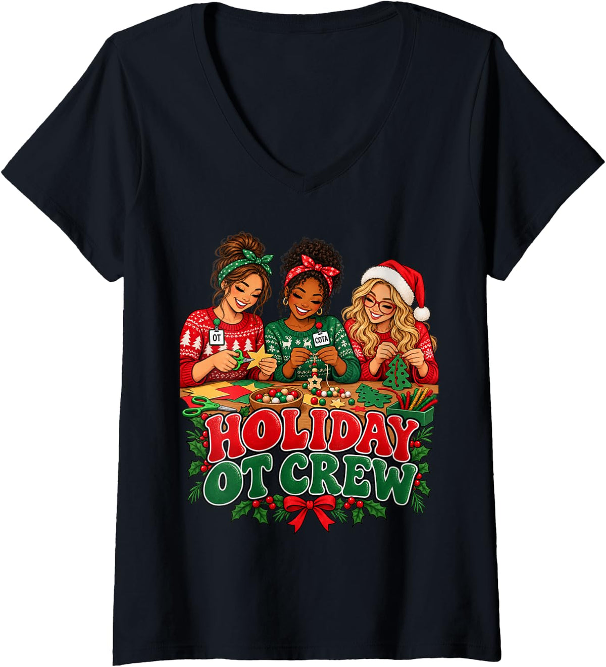 Women's Holiday OT Crew Christmas Occupational Therapy Merry Xmas V-Neck T-Shirt - Black