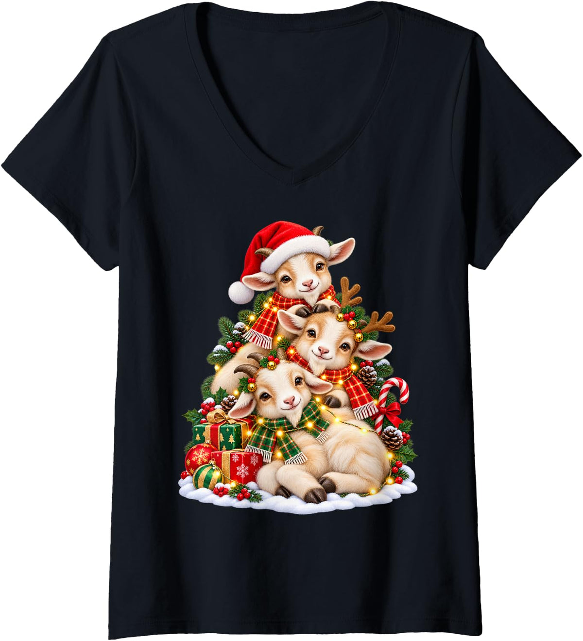 Women's Joyful Goat Holiday Animal Lover Graphic V-Neck T-Shirt - Black