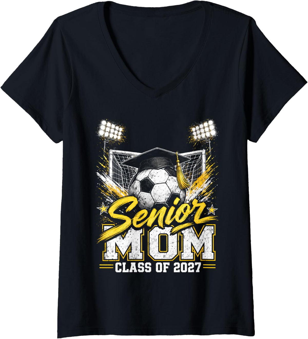 Women's Senior Mom Class of 2027 Soccer Ball Graduation Vintage V-Neck T-Shirt - Black