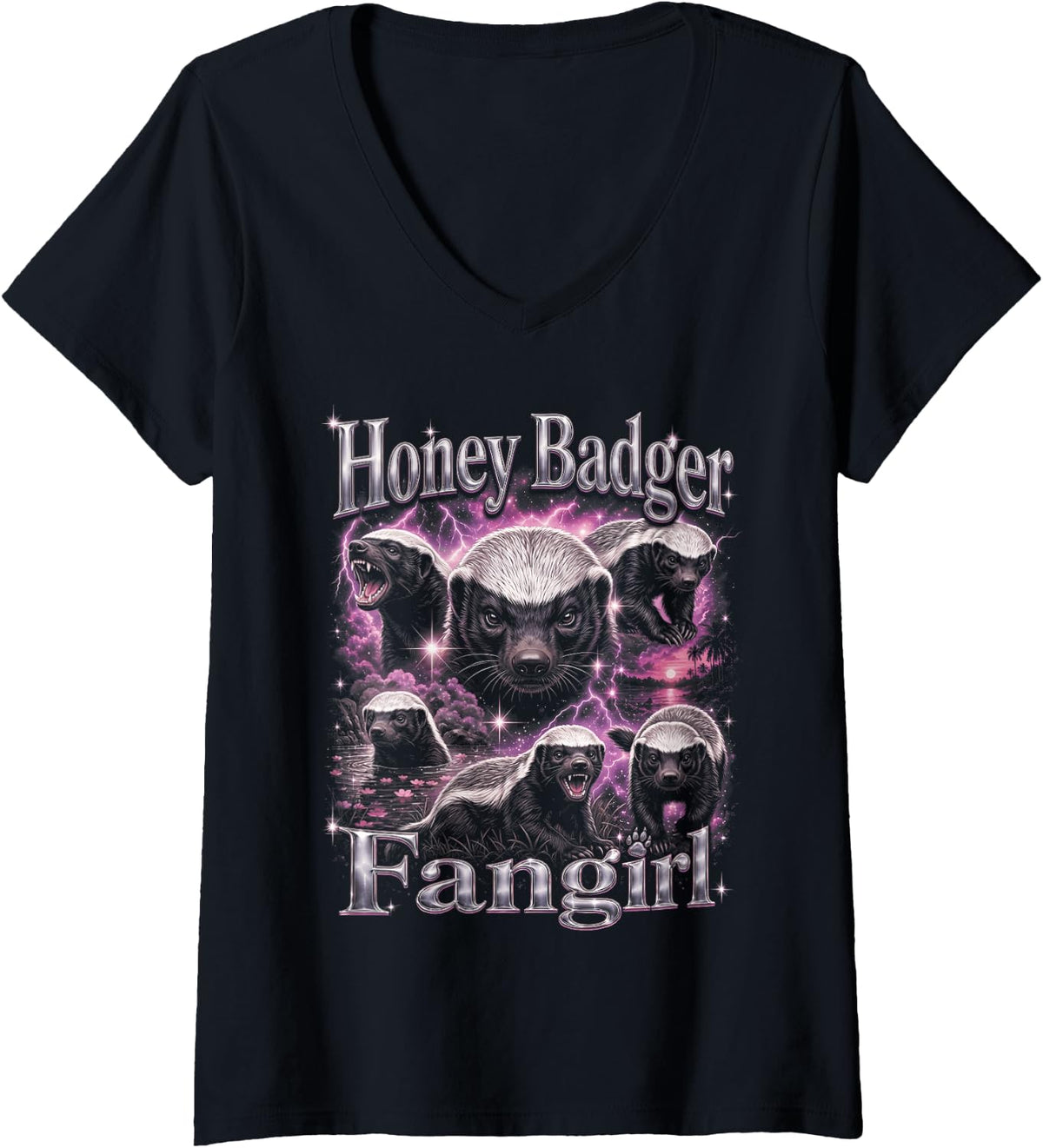 Women's Honey Badger Fangirl Bootleg Womens Girls Honey Badger V-Neck T-Shirt - Black