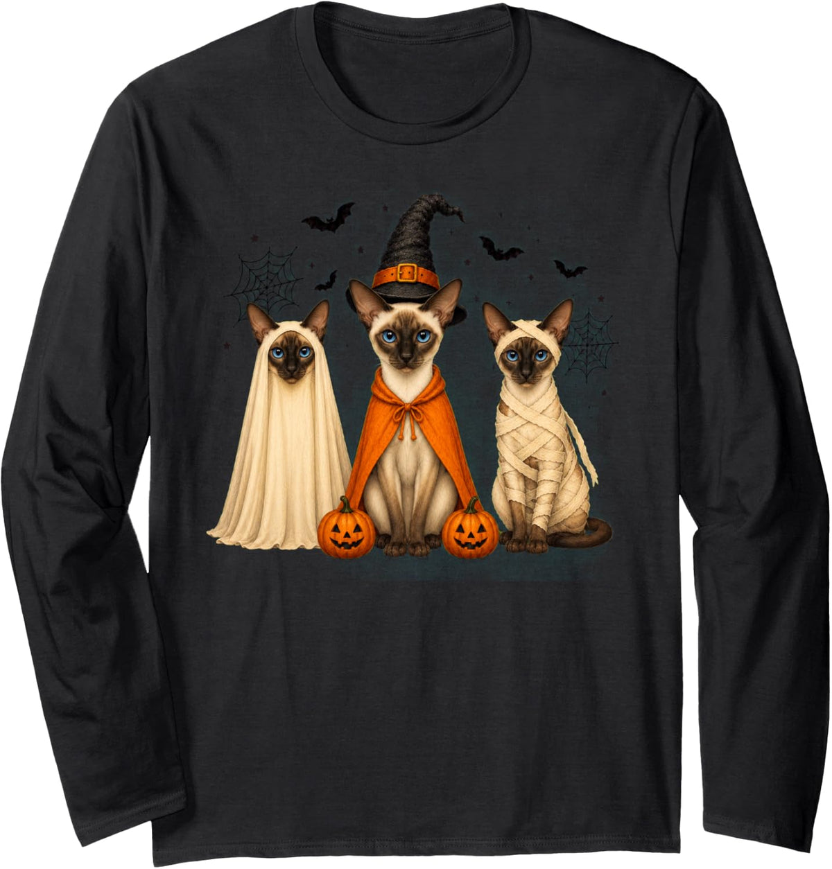 Retro Siamese Cat Witch Scary Halloween Pumpkin Long Sleeve T-Shirt - Adult Unisex Black