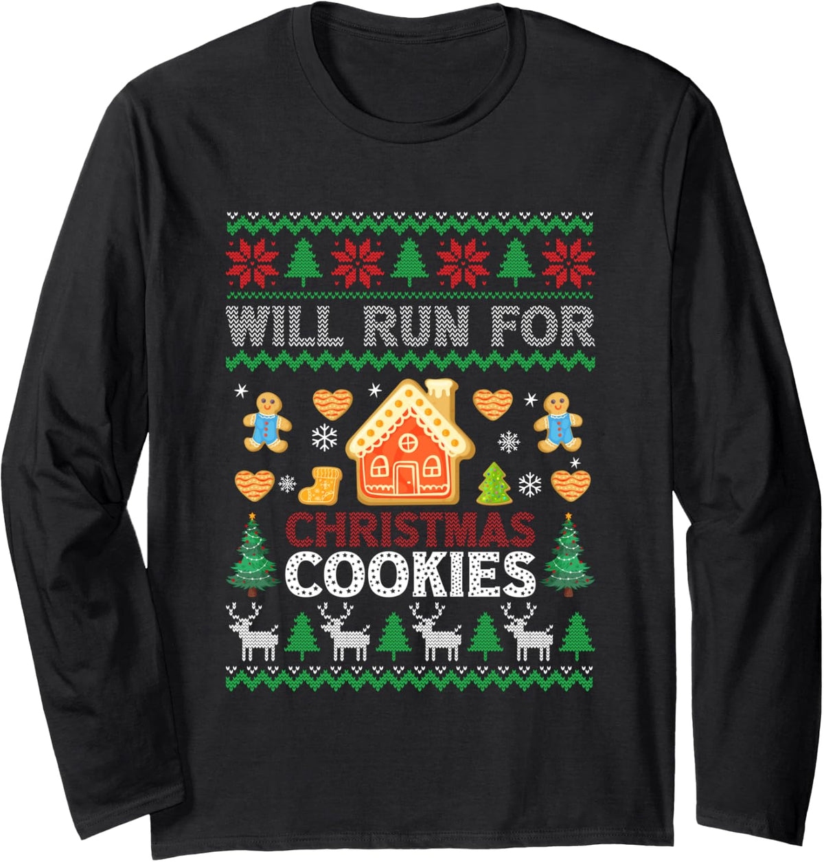 Will Run For Christmas Cookies Workout Running Xmas Runners Long Sleeve T-Shirt - Adult Unisex Black