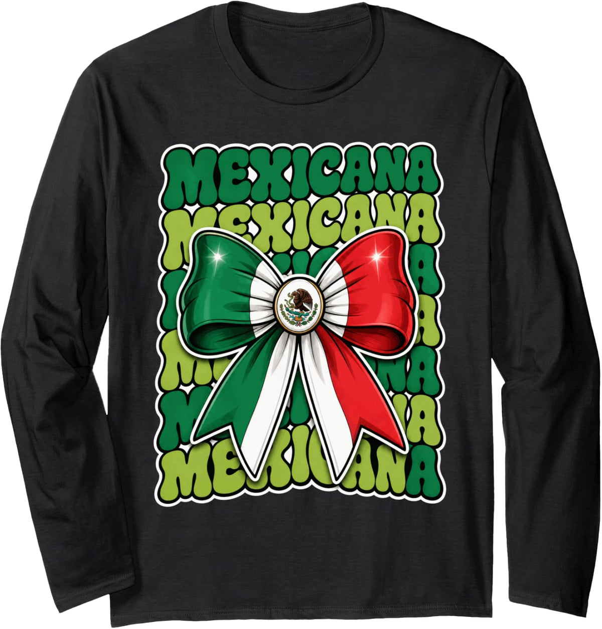 Proud Mexicana Mexico Flag Bow Women Girls Cinco de Mayo Long Sleeve T-Shirt - Adult Unisex Black