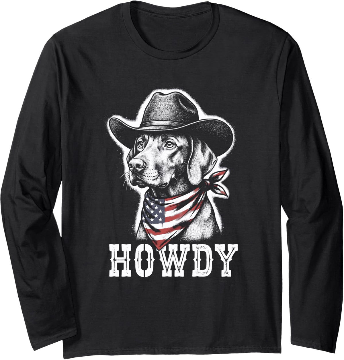 Vizsla Howdy Cowboy American Flag Long Sleeve T-Shirt - Adult Unisex Black