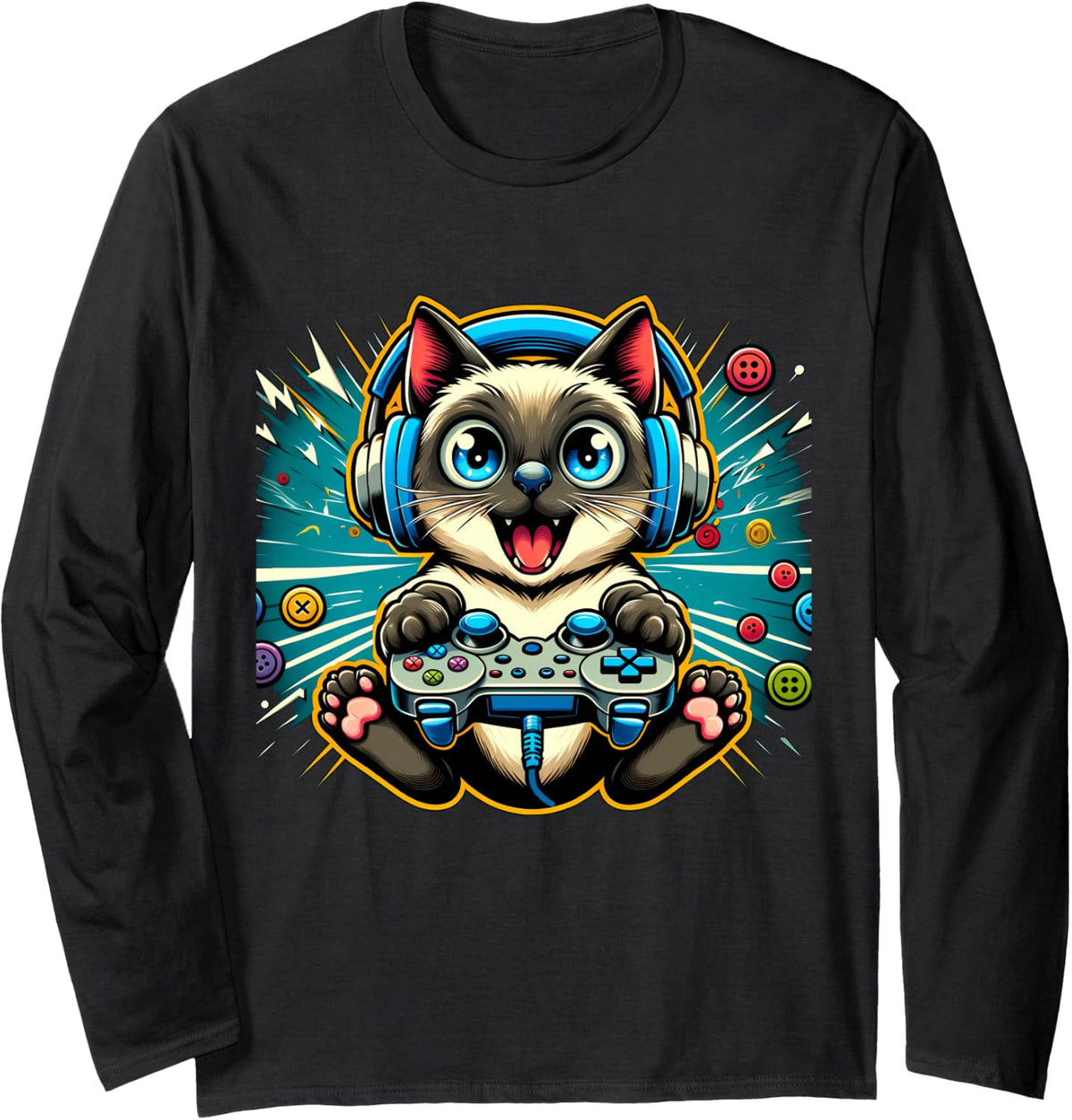 Headphone Video Game Siamese Cat Gaming Long Sleeve T-Shirt - Adult Unisex Black