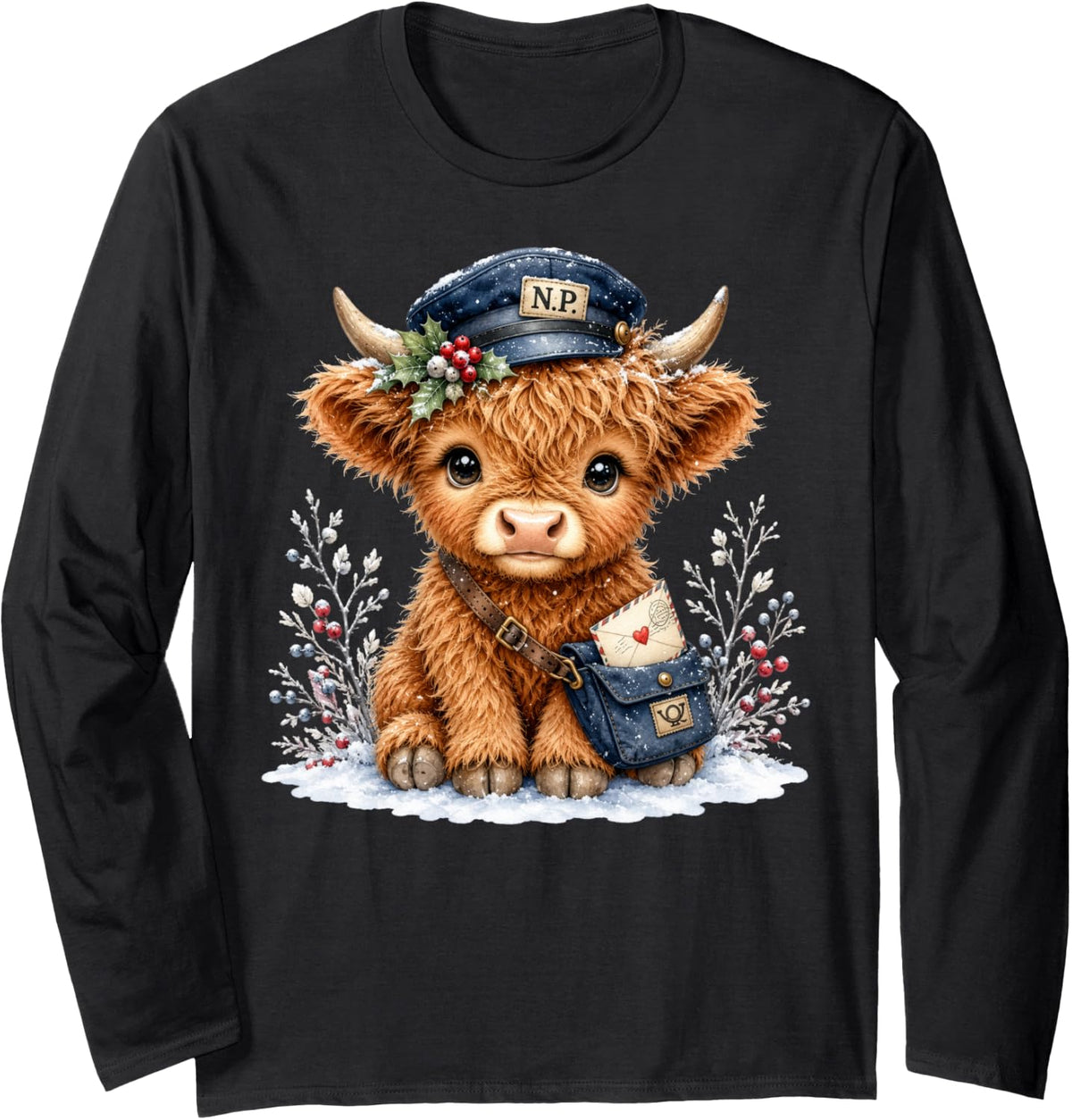 Christmas Highland Cow Mail Carrier Winter Cow Lover Gifts Long Sleeve T-Shirt - Adult Unisex Black