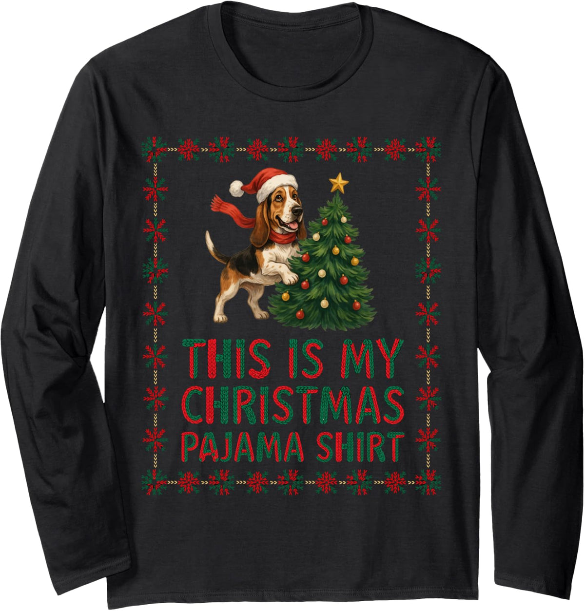 Festive Basset Hound Christmas Pajama Tree Dog Mom Dad Lover Long Sleeve T-Shirt - Adult Unisex Black