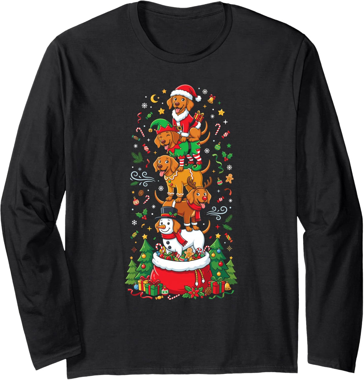 Funny Christmas Vizsla Santa Elf Snowman Womens Mens Kids Long Sleeve T-Shirt - Adult Unisex Black