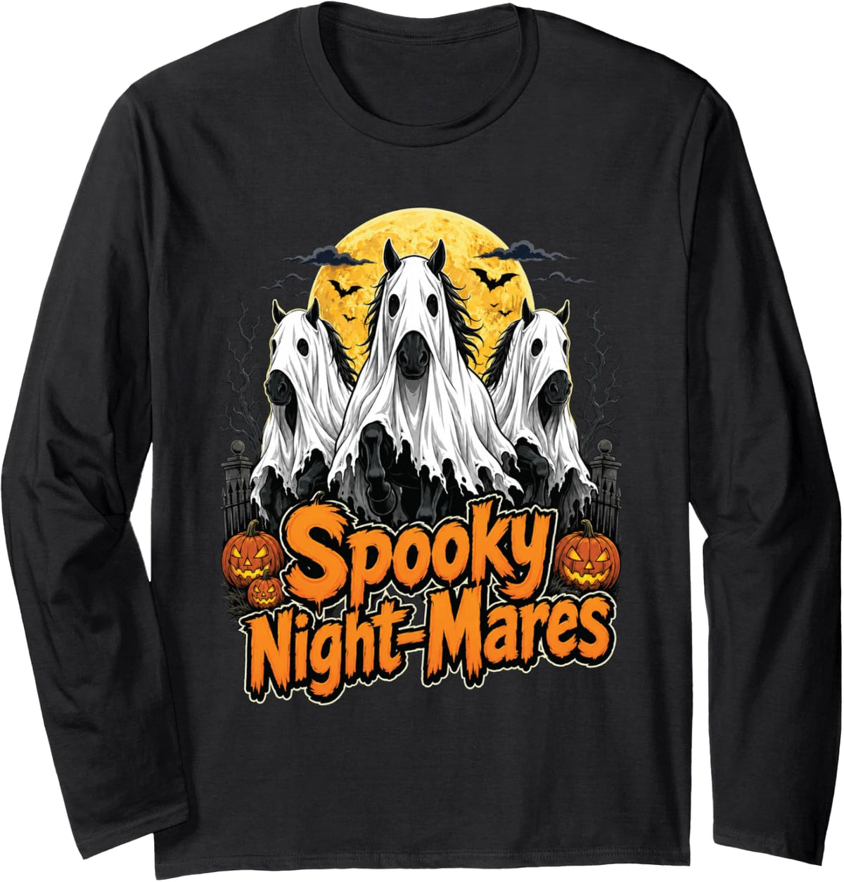 Spooky Night Mares Halloween Horse Lover Funny Ghost Horses Long Sleeve T-Shirt - Adult Unisex Black