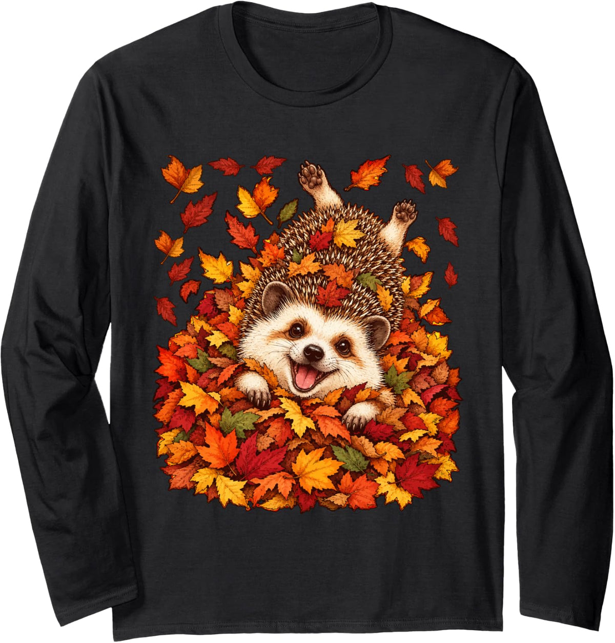 Fall Hedgehog Playing with Maple Leaves Cute Autumn Animal Long Sleeve T-Shirt - Adult Unisex Black