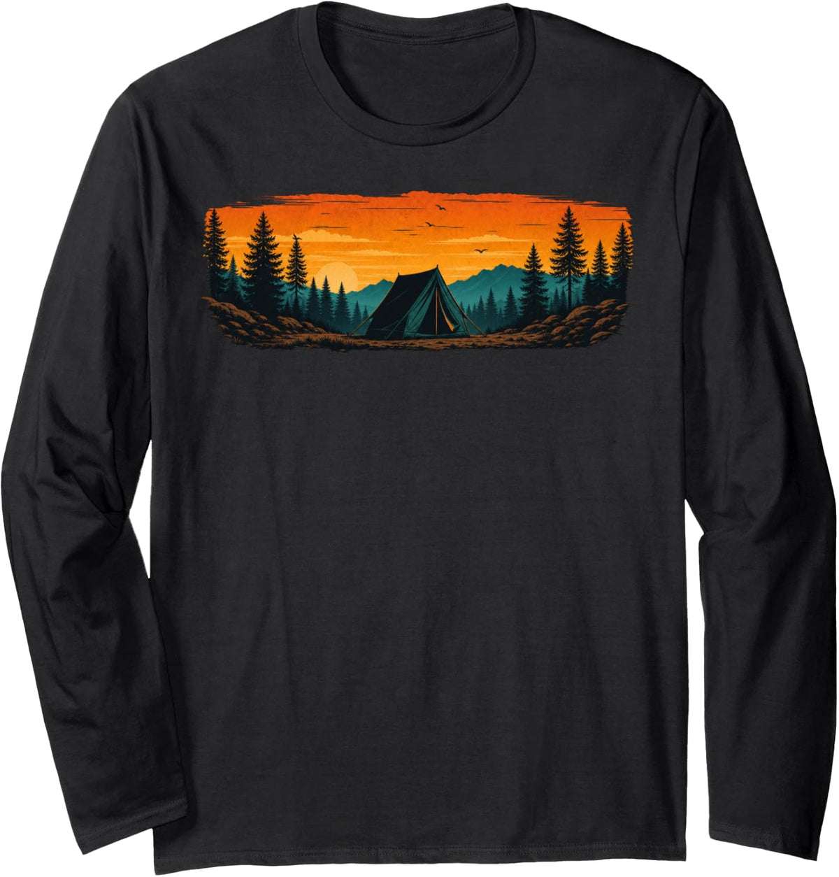 Camping Tent Silhouette Retro Outdoor Design Long Sleeve T-Shirt - Adult Unisex Black