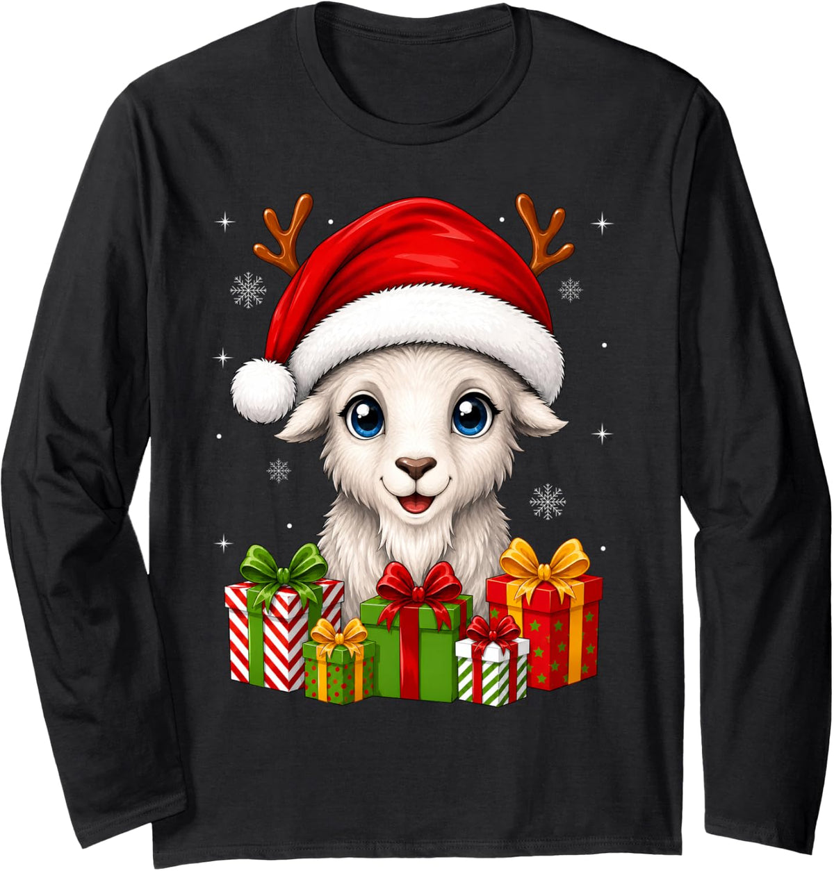Goat Xmas Decor Cute Festive Santa Hat Goat Christmas Long Sleeve T-Shirt - Adult Unisex Black