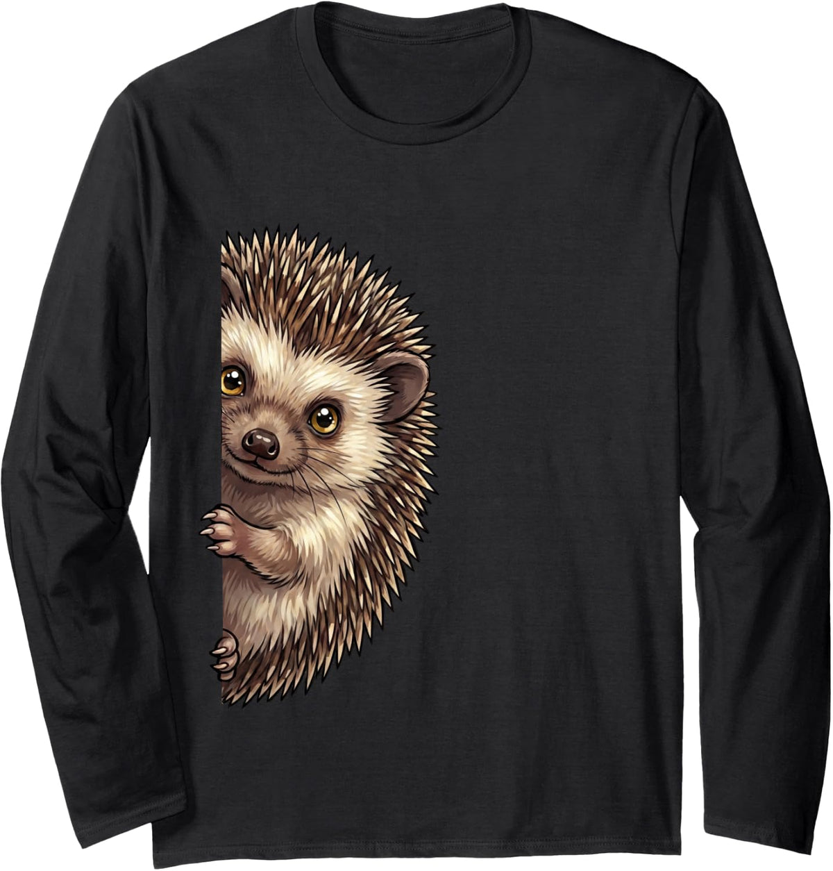 Funny Hedgehog Peeking from Side Wildlife Animal Long Sleeve T-Shirt - Adult Unisex Black