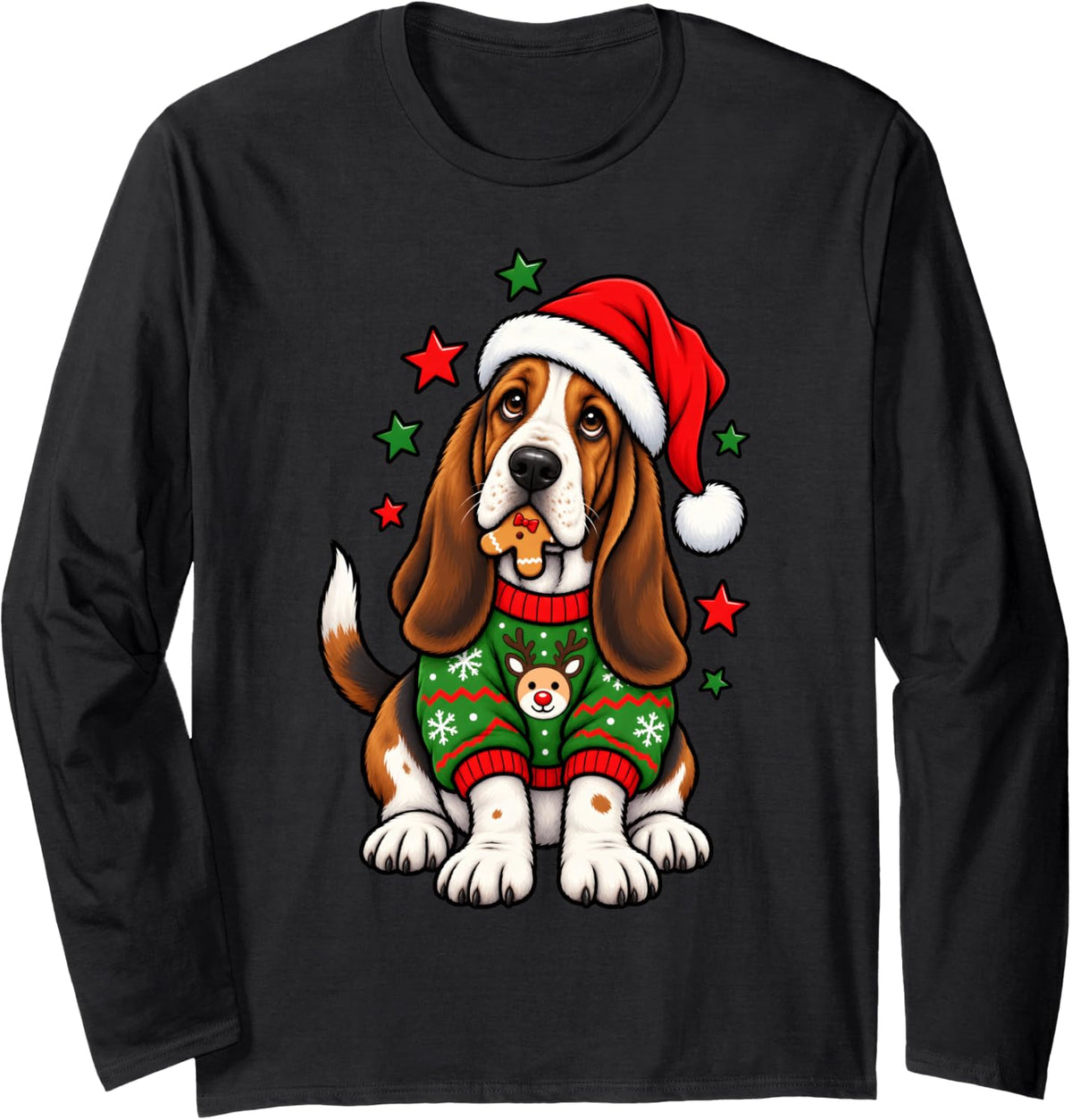 Santa Basset Hound Dog Holding Gingerbread Cookie Christmas Long Sleeve T-Shirt - Adult Unisex Black