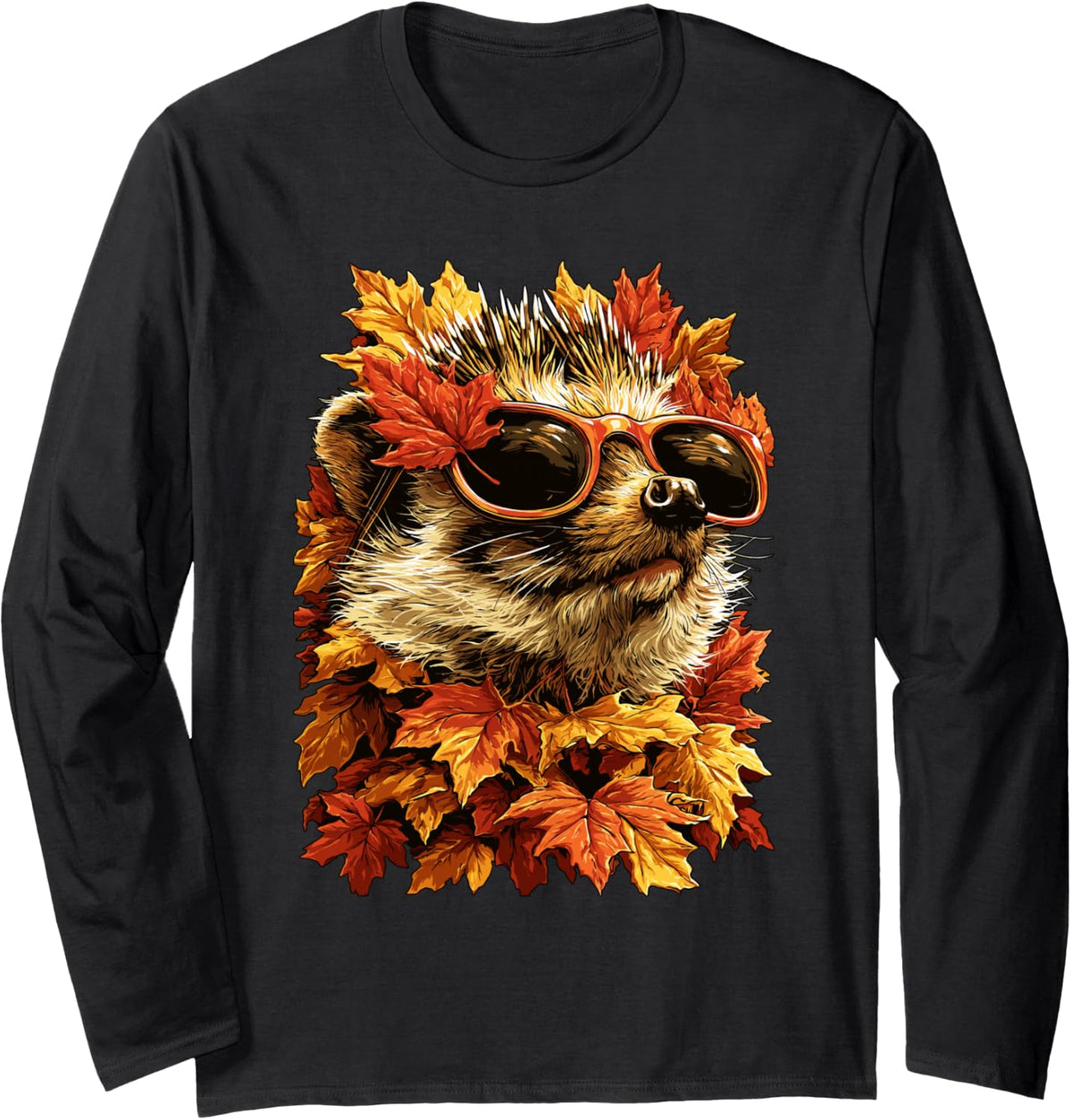 Fall Hedgehog with Sunglasses Autumn Leaves Forest Animal Long Sleeve T-Shirt - Adult Unisex Black