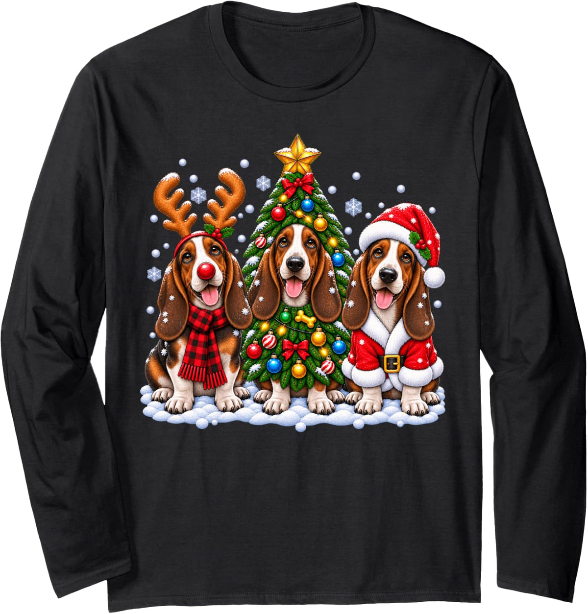 Basset Hound Dog Merry Christmas Santa Hat Holidays Xmas Long Sleeve T-Shirt - Adult Unisex Black