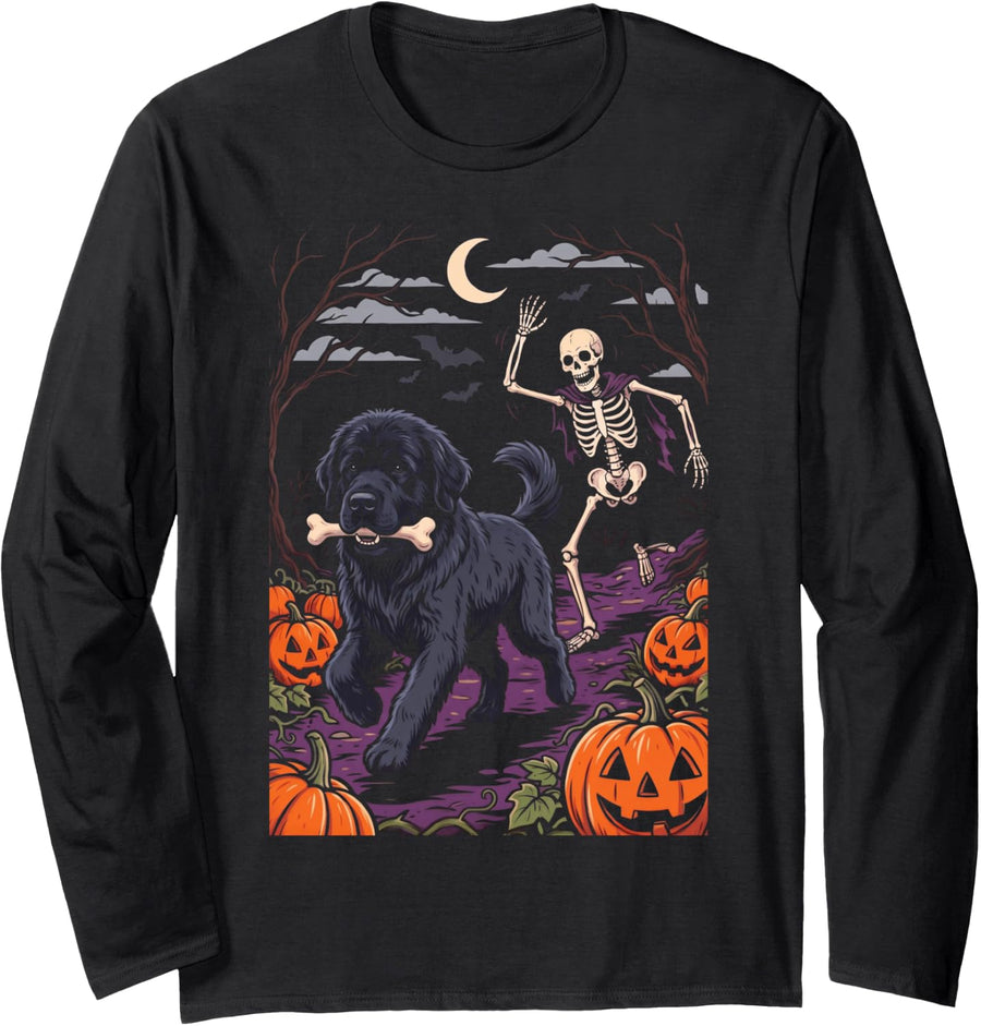 Newfoundland Dog Stealing Bone from Skeleton Halloween Long Sleeve T-Shirt - Adult Unisex Black