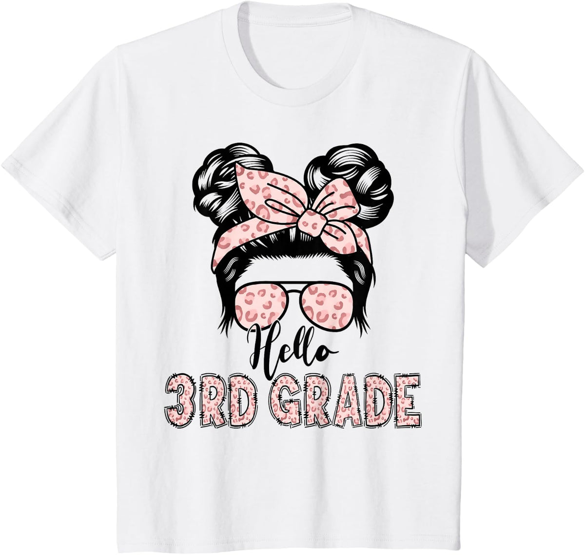 Hello 3rd Grade Messy Hair Bun Girl Back to School First Day T-Shirt Tee for Girls - White