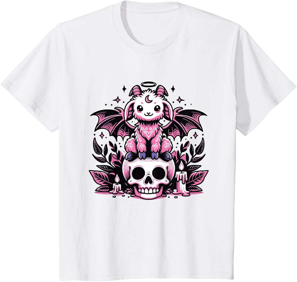Kawaii Pastel Goth Cute Creepy Goat Bat Skeleton T-Shirt - White
