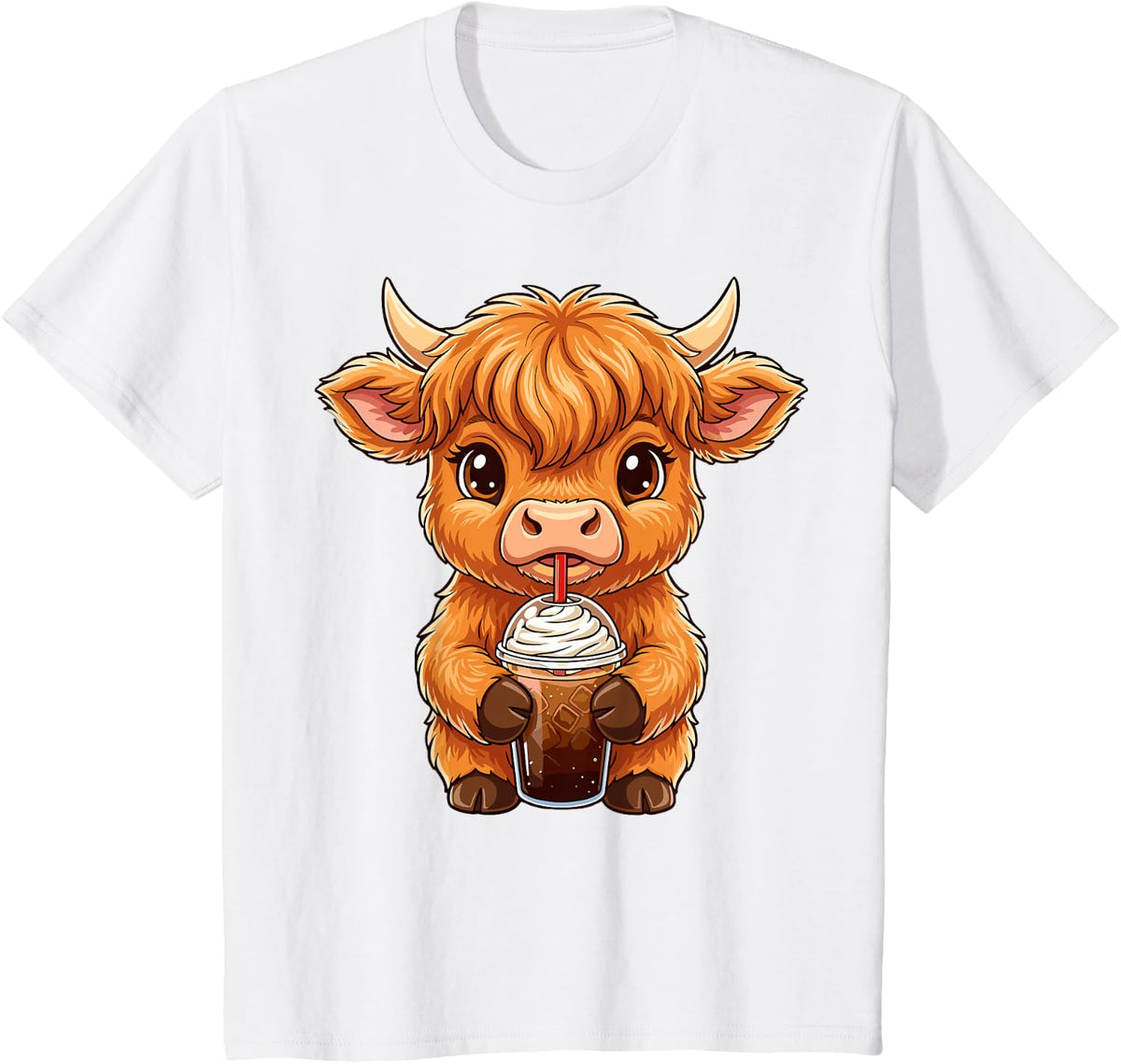 Highland Cow Iced Coffee Cute Country Animal T-Shirt - White