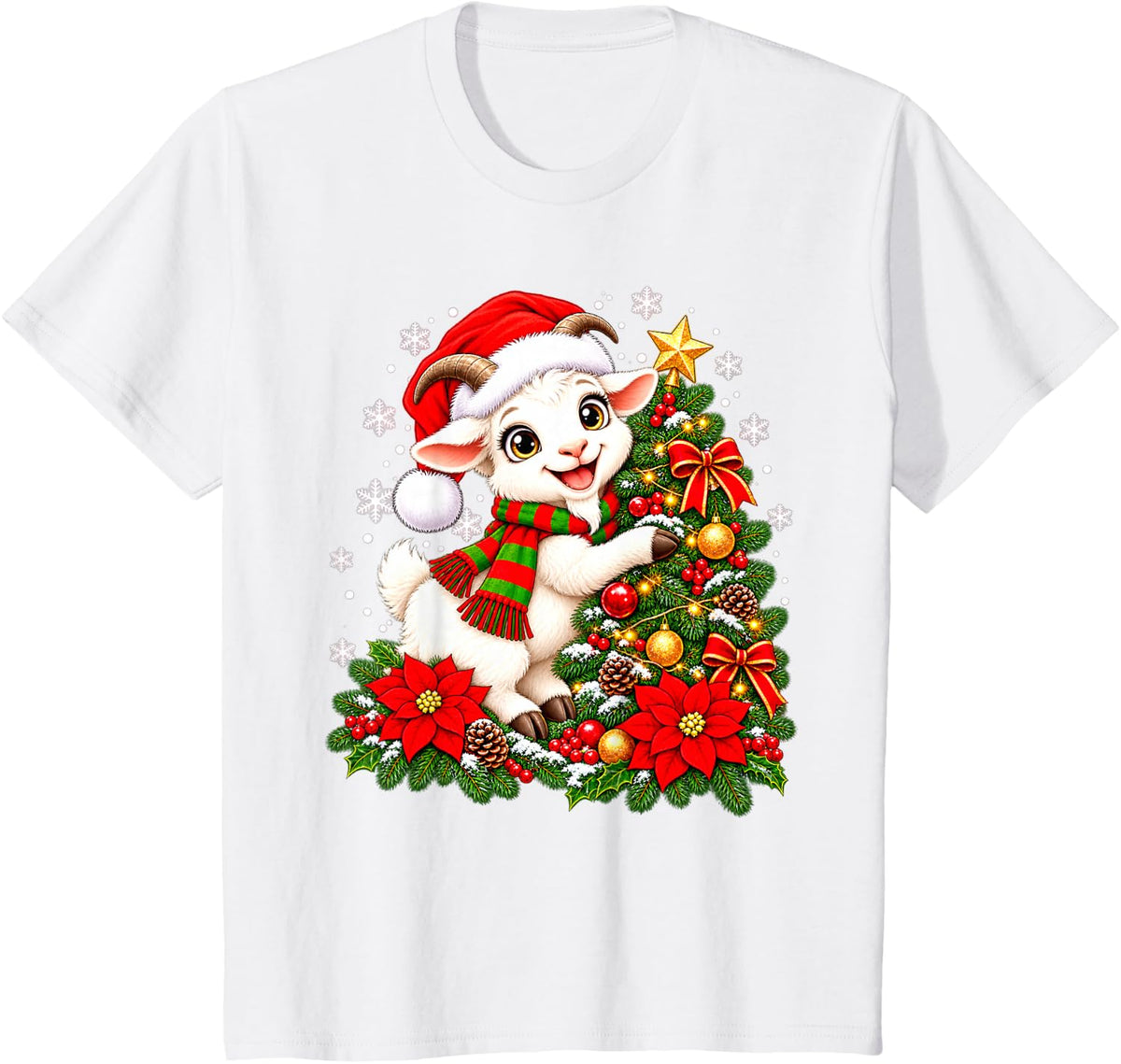 Christmas Tree Goat Santa Hat Men Women Kids T-Shirt - White