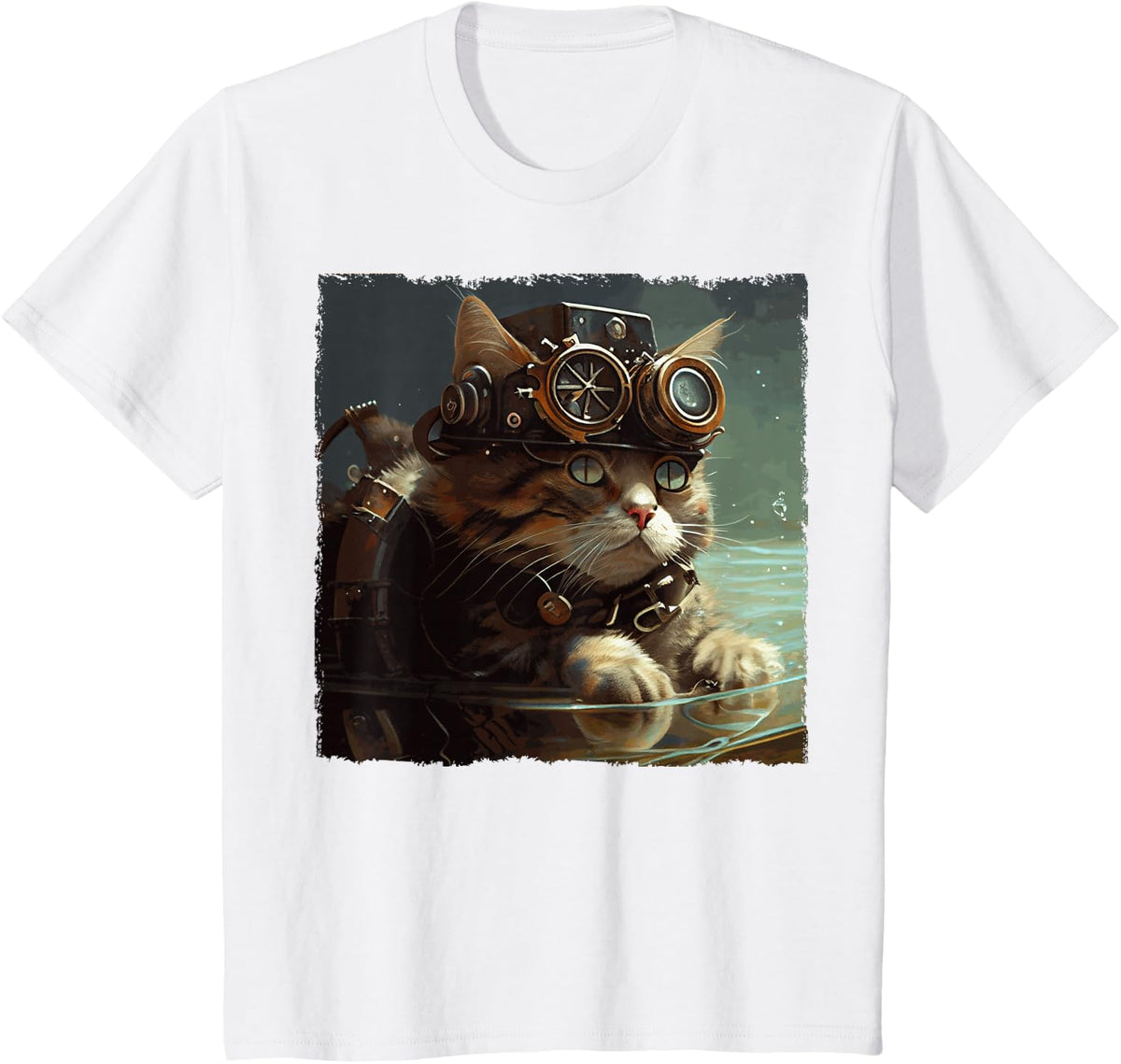 Funny Cat Swimming Steampunk for Kids, Women, Men T-Shirt - White