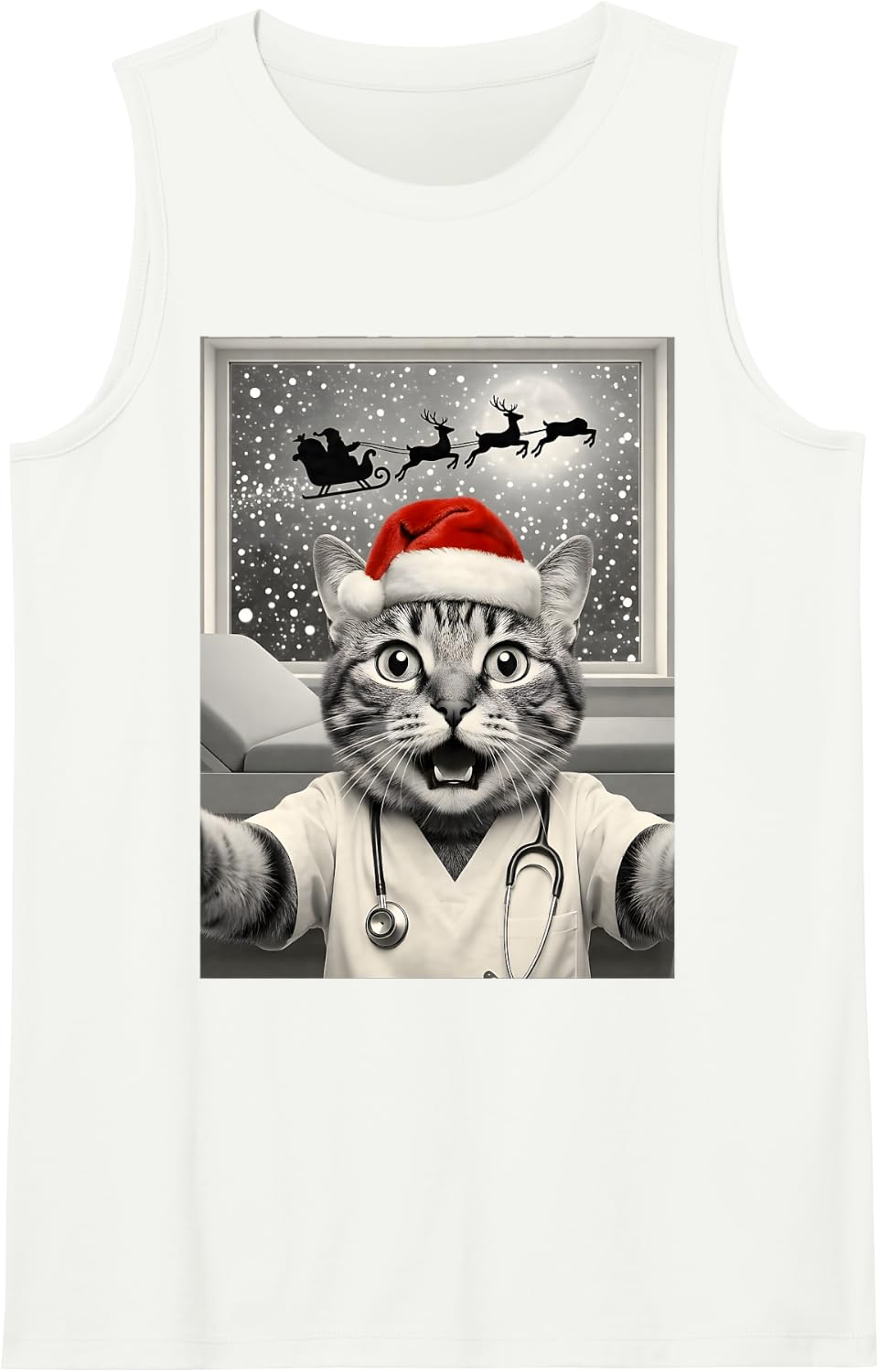 Cat Nurse Santa Selfie Meme Funny Christmas Humor Reel Mom Sleeveless Tank Top - White