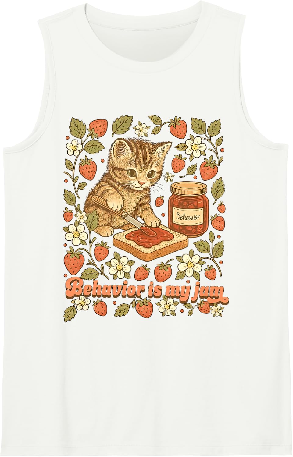 Behavior is My Jam Cat Strawberry ABA Behavior Analyst RBT Sleeveless Tank Top - White
