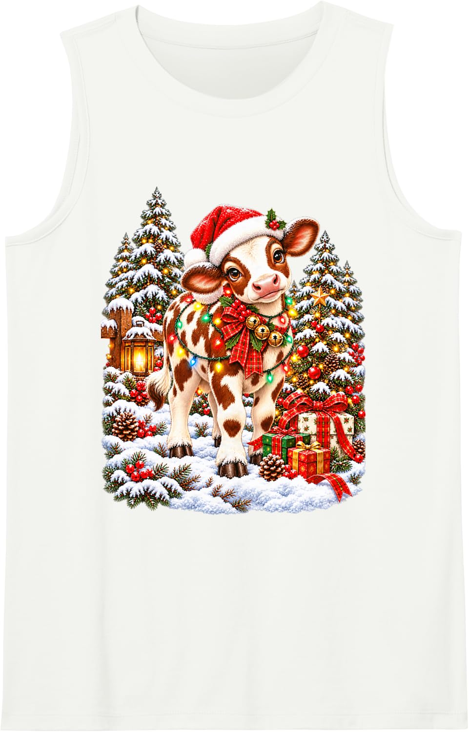 Joyful Cow Christmas Santa Snow Scene Sleeveless Tank Top - White