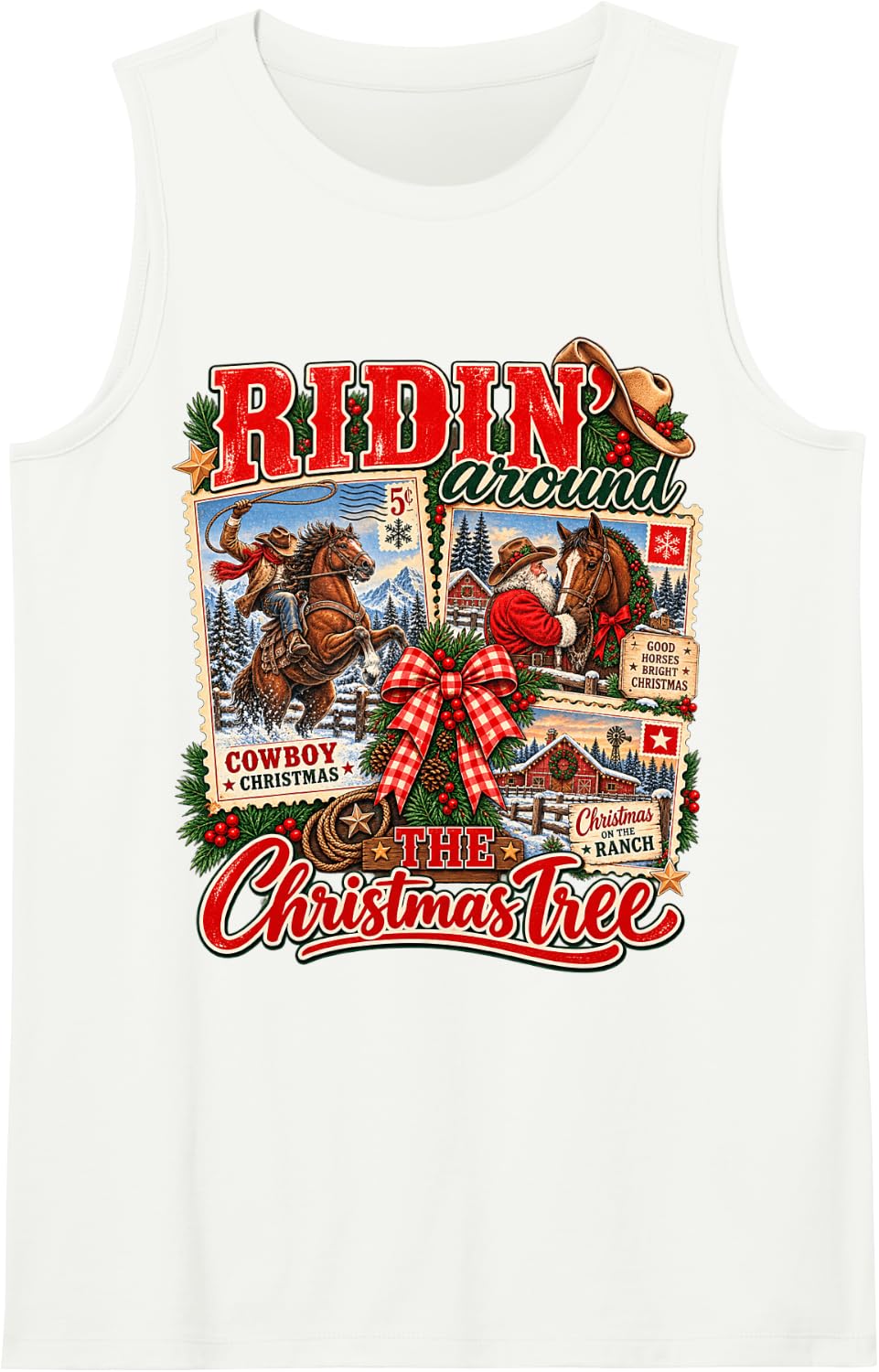 Ridin Around the Christmas Tree Western Cowboy Rodeo Christm Sleeveless Tank Top - White