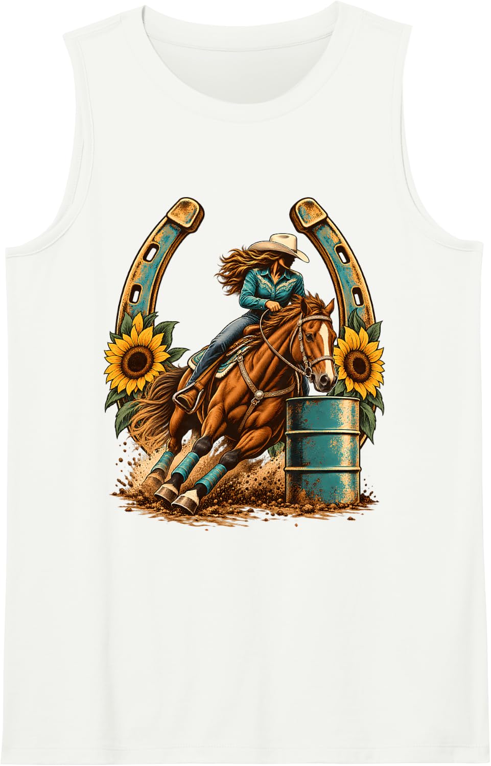 Barrel Racing Cowgirl Sunflower Horseshoe Western Rodeo Sleeveless Tank Top - White
