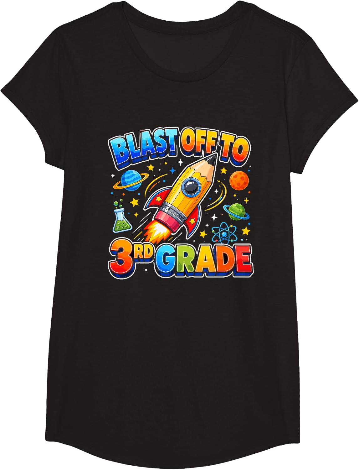 Blast Off to 3rd Grade Back to School Space Student T-Shirt - Girls Black