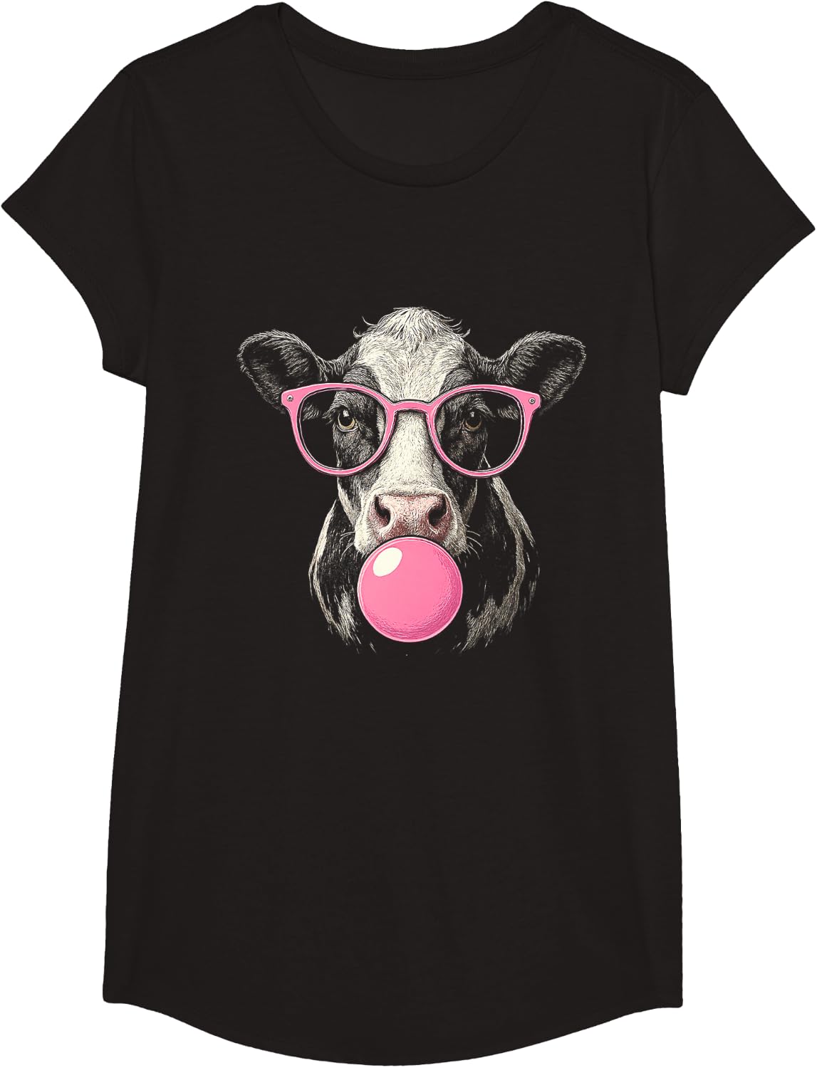Funny Cool Cow Bubble Gum Glasses Retro Farm Animal T-Shirt - Girls Black