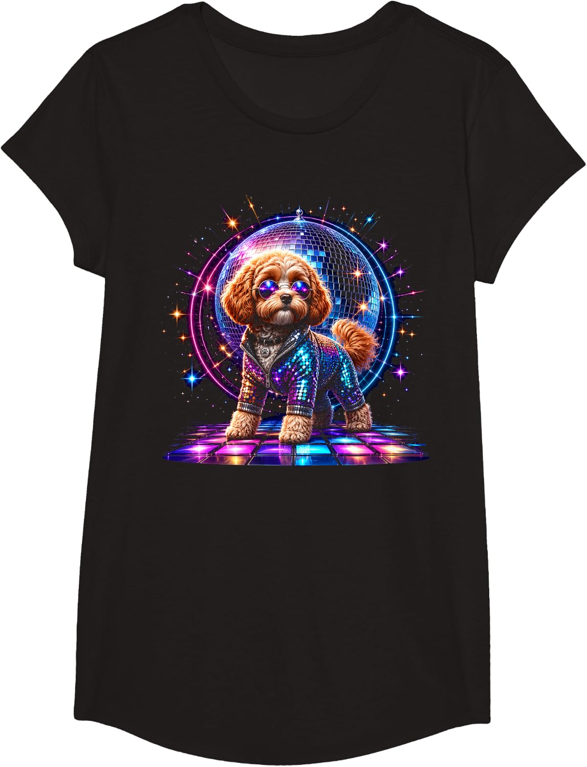 Dancing Cavapoo Disco Ball Puppy Lover Funny Party Animal T-Shirt - Girls Black
