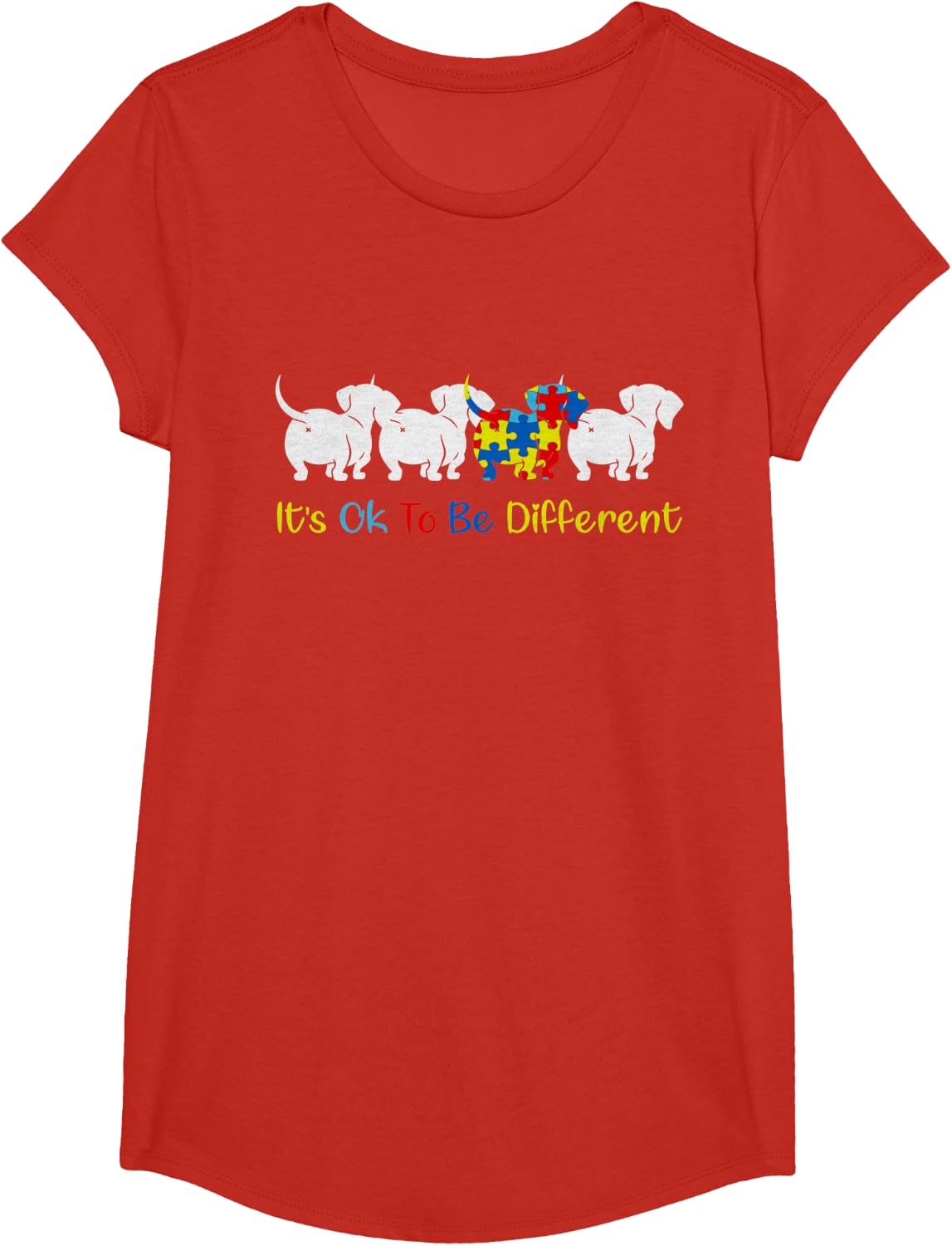 Dachshund It's Ok To Be Different Autism Awareness Kids T-Shirt - Girls Red