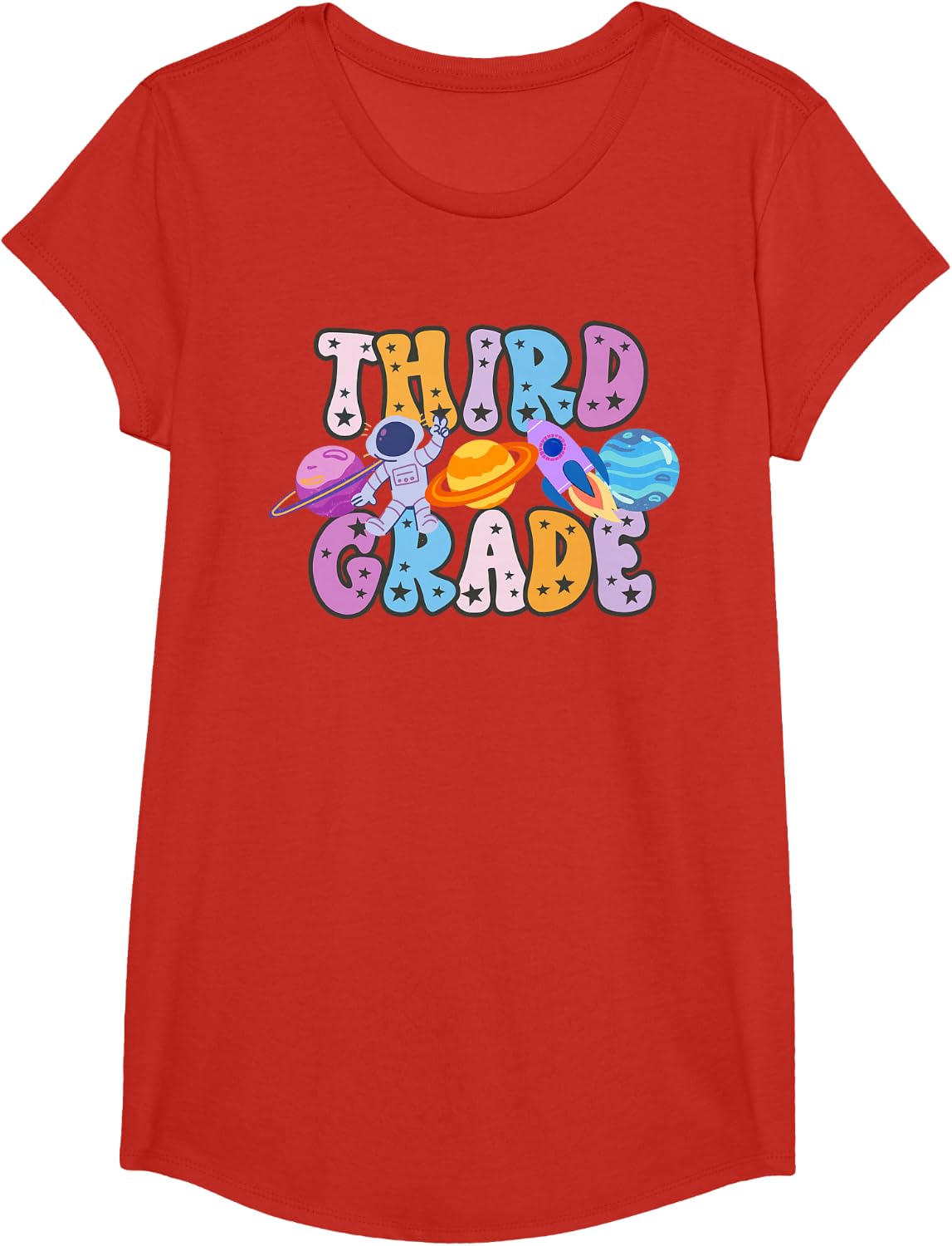 Third Grade Grade Outer Space Solar System Planet T-Shirt - Girls Red